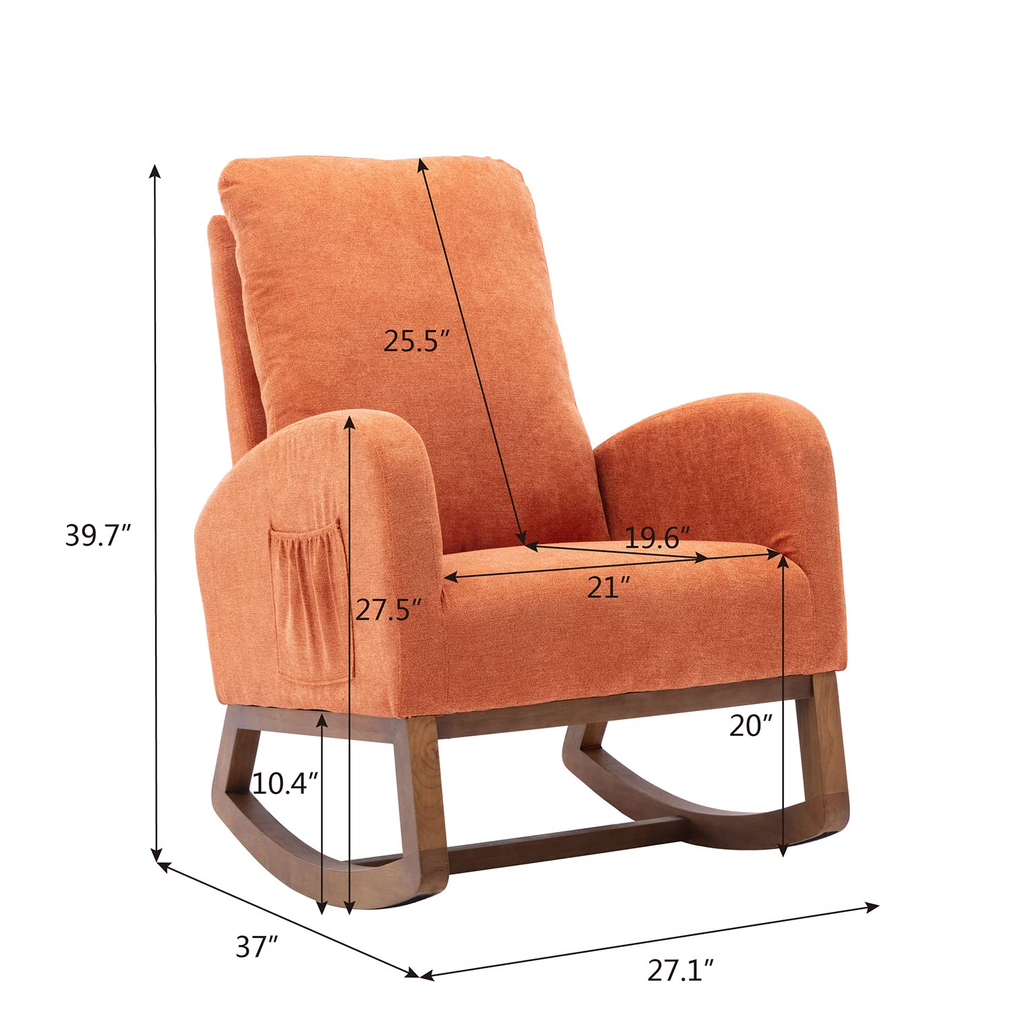 Antetek Modern Upholstered Rocking Chair - Nursery Glider Rocker for Baby & Kids, Comfortable High Back Armchair with Side Pocket - Perfect for Living Room, Nursery, or Bedroom (Orange)
