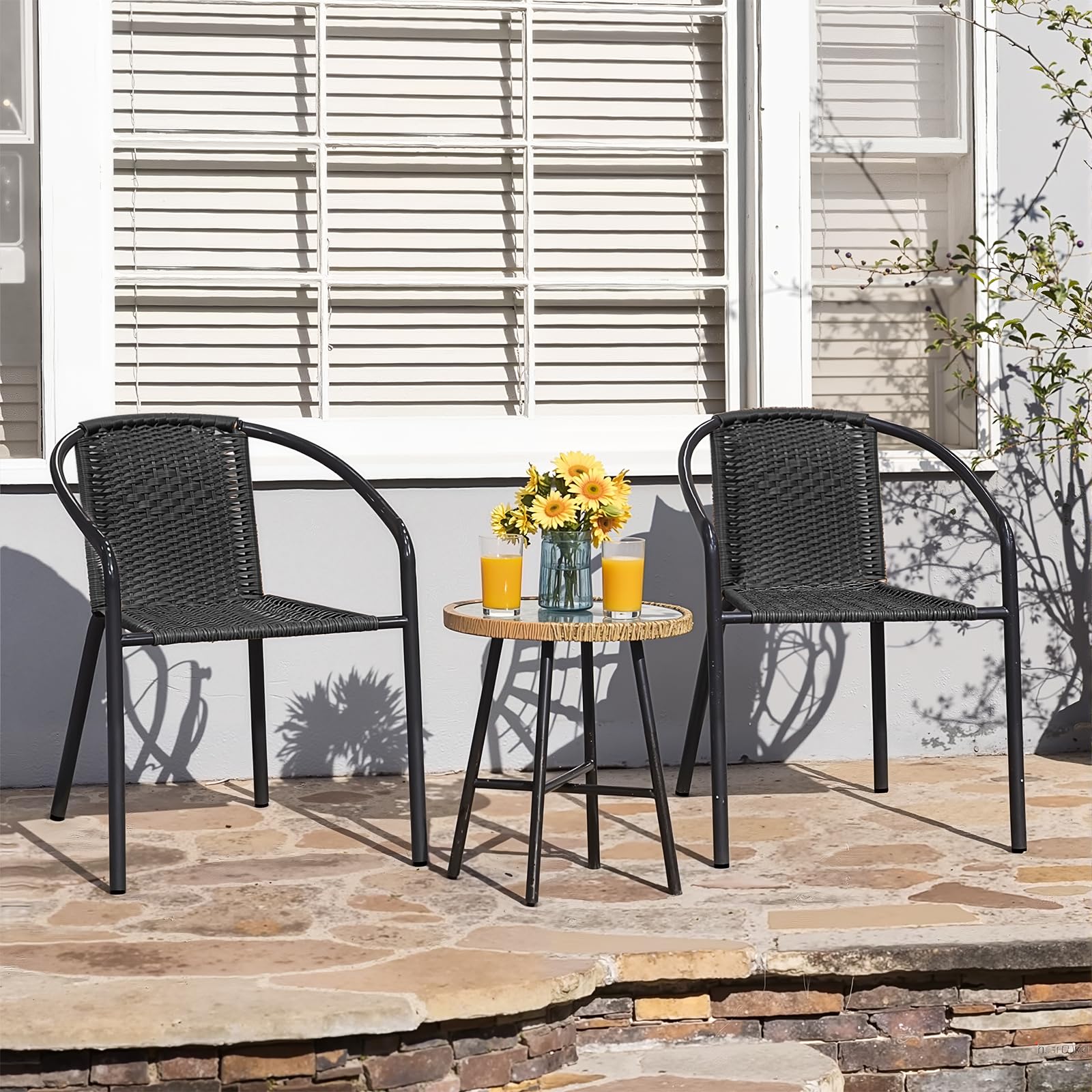 4 Pack Outdoor Patio Chairs - Stackable Wicker Rattan Dining Chairs with Metal Frame for Balcony, Deck, Backyard, Bistro & Porch | Weather-Resistant & Comfortable for Outdoor Entertaining, BBQs & Relaxation (Black)
