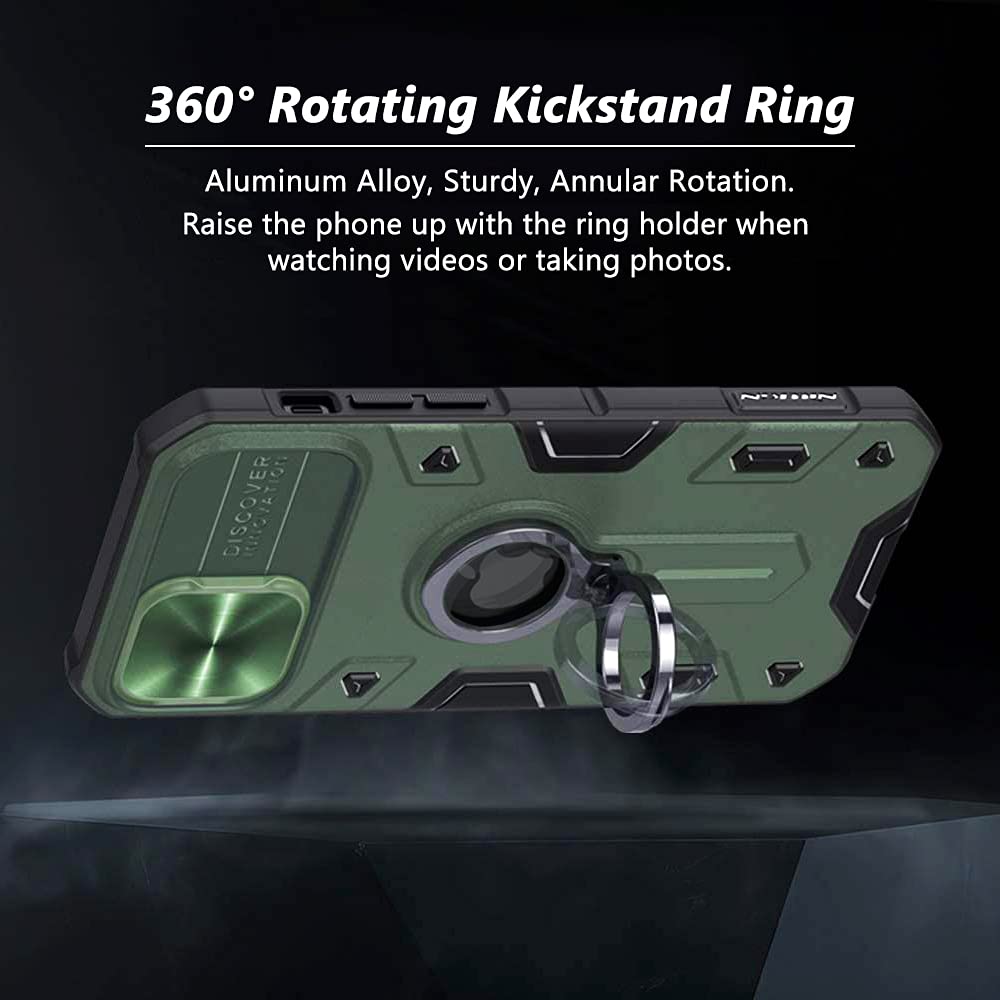 CloudValley iPhone 12 Pro Max Case with Camera Cover & Kickstand - Military Grade Armor Protection, 360° Rotating Ring Stand, Shockproof & Impact Resistant - Perfect for Outdoor Adventures, Travel & Daily Protection (Green)