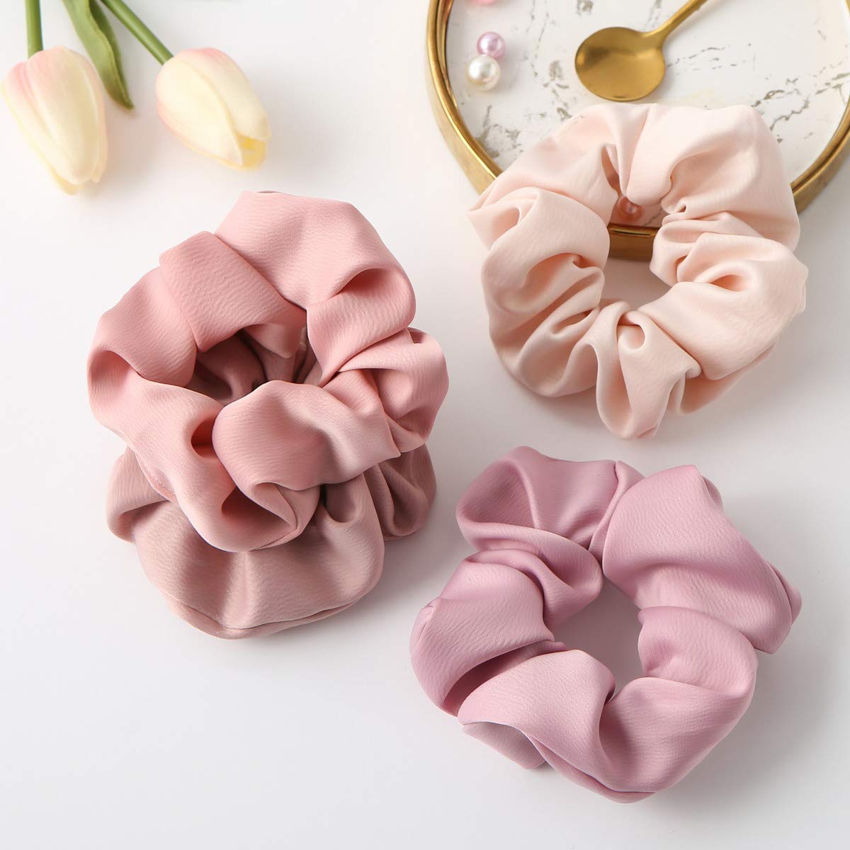 Luxury Satin Hair Scrunchies for Women - 6 Pack Soft Elastic Hair Ties for Girls (Pink) - Gentle Ponytail Holders & Hair Accessories for Daily Use, Workout, Party or Wedding Hairstyles