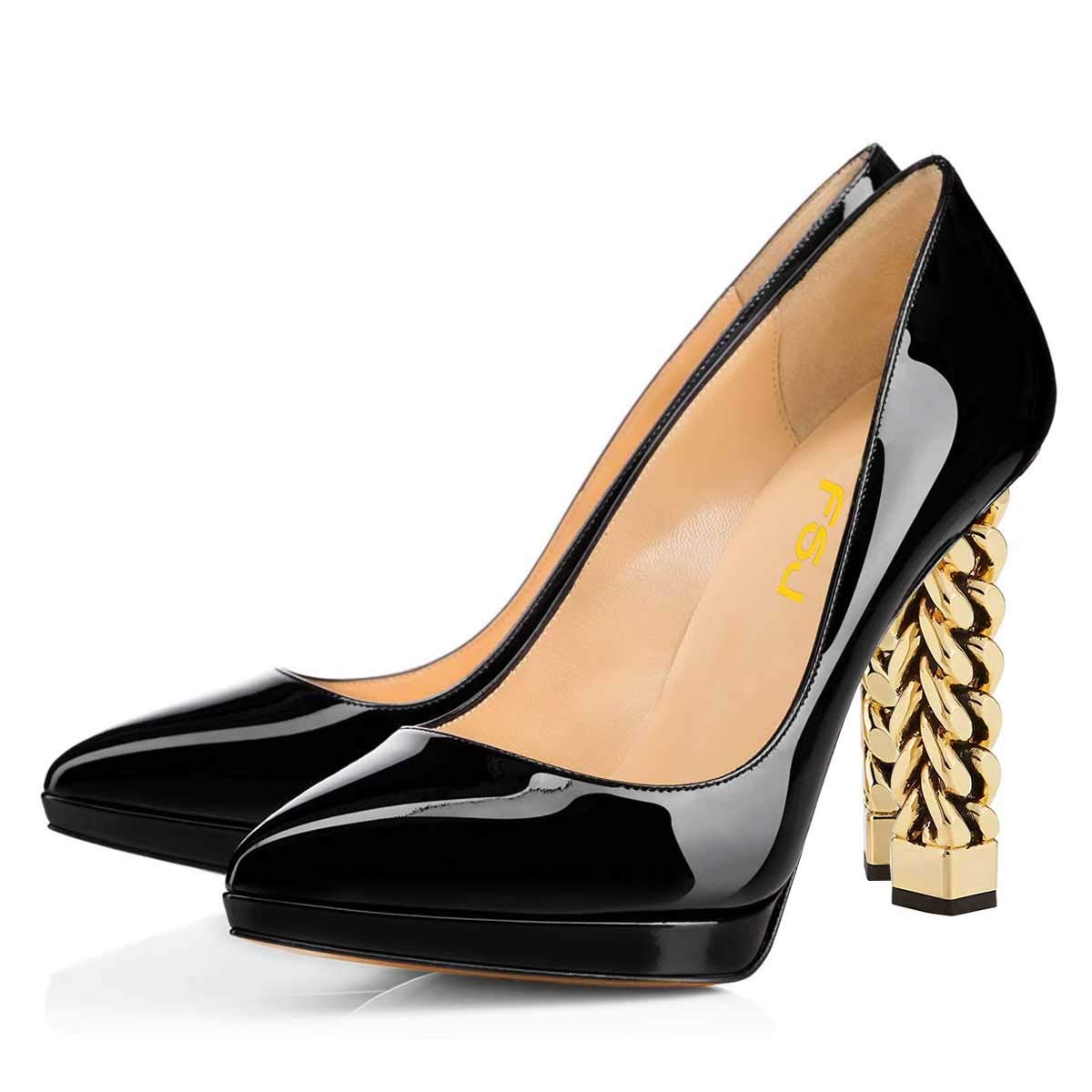 FSJ Women's Gold Metal Chain Chunky High Heel Pointed Toe Slip On Party Prom Pumps - Size 4-15 US - Elegant Evening Shoes for Prom, Wedding, Cocktail Party & Special Occasions