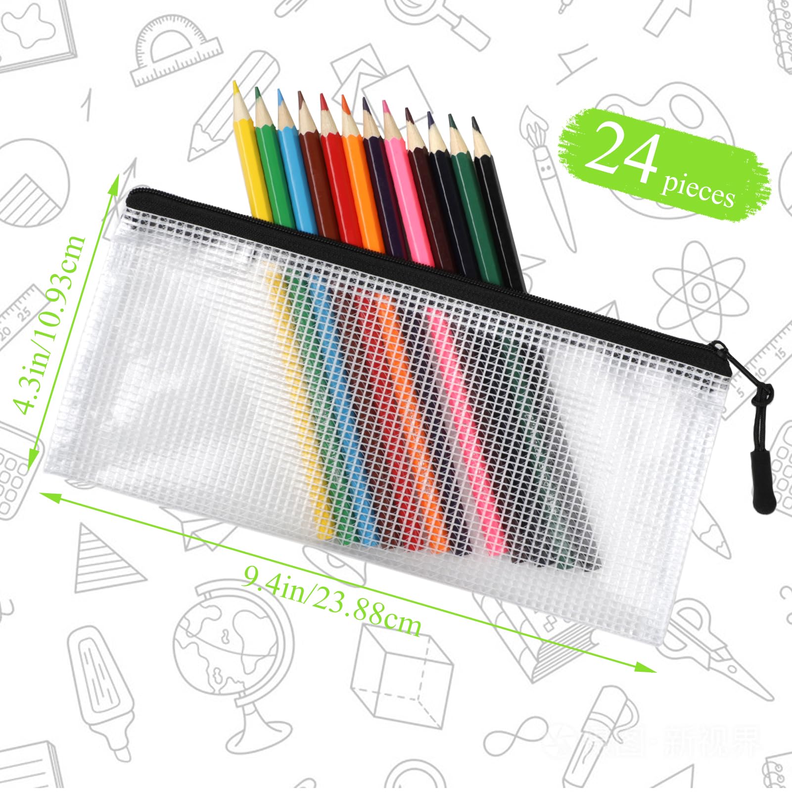 24 Pack Black Mesh Zipper Pouch Bags - 9.2 x 4.7 Inch Clear Pencil Pouches Bulk for School, Office & Travel Storage - Durable Zipper Pencil Bags for Organizing Stationery, Makeup & Small Essentials