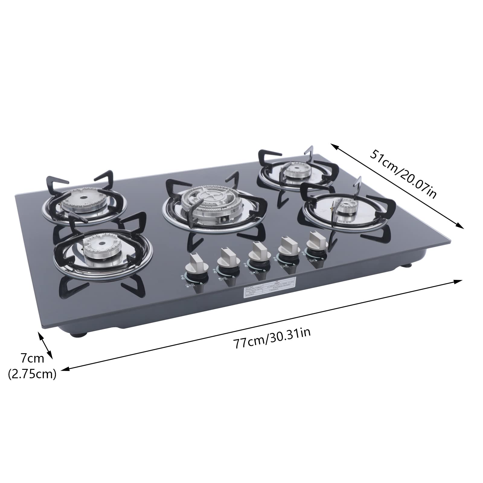 30 Inch 5 Burner Built-in Gas Cooktop with Tempered Glass Surface - LPG/NG Compatible Stove with Flameout Protection (770x510mm) - Perfect for Modern Kitchens, Home Cooking & Professional Chefs