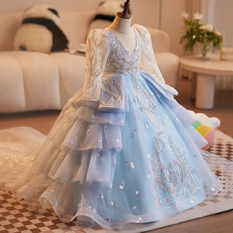 Blue A-Line Princess Flower Girl Dress with Lace & Tulle – Elegant First Communion, Wedding Party, Pageant & Special Occasion Dress for Toddler Girls