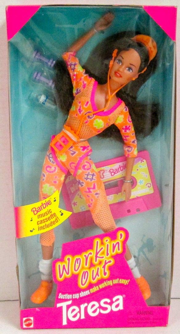 1996 Barbie Workin' Out Teresa Doll with Suction Cup Shoes & Music Cassette - Vintage Collectible Toy for Kids' Playtime and Display