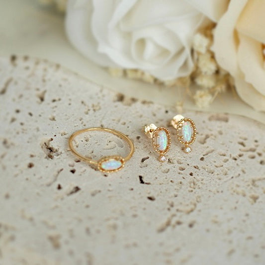 Tiny Opal Stud Earrings & Ring Set - Genuine Birthstone Jewelry for Women | Perfect Gift for Birthday, Anniversary & Special Occasions | HJZB 270