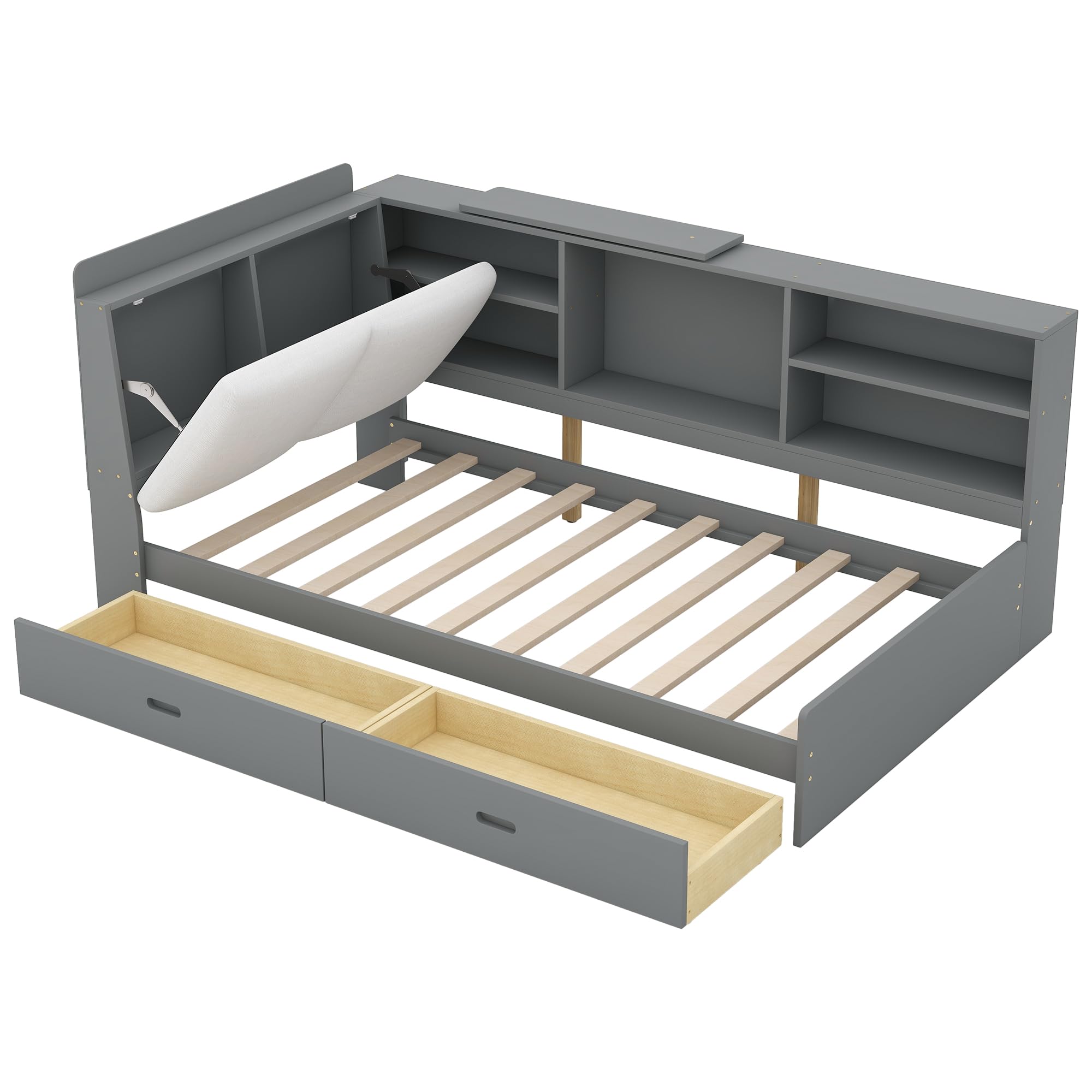 Harper & Bright Designs Twin Platform Bed with Storage Headboard, Shelves & 2 Drawers - Wooden Twin Storage Bed Frame with L-Shaped Bookcase, Gray - Perfect for Kids' Bedroom, Guest Room & Small Space Organization
