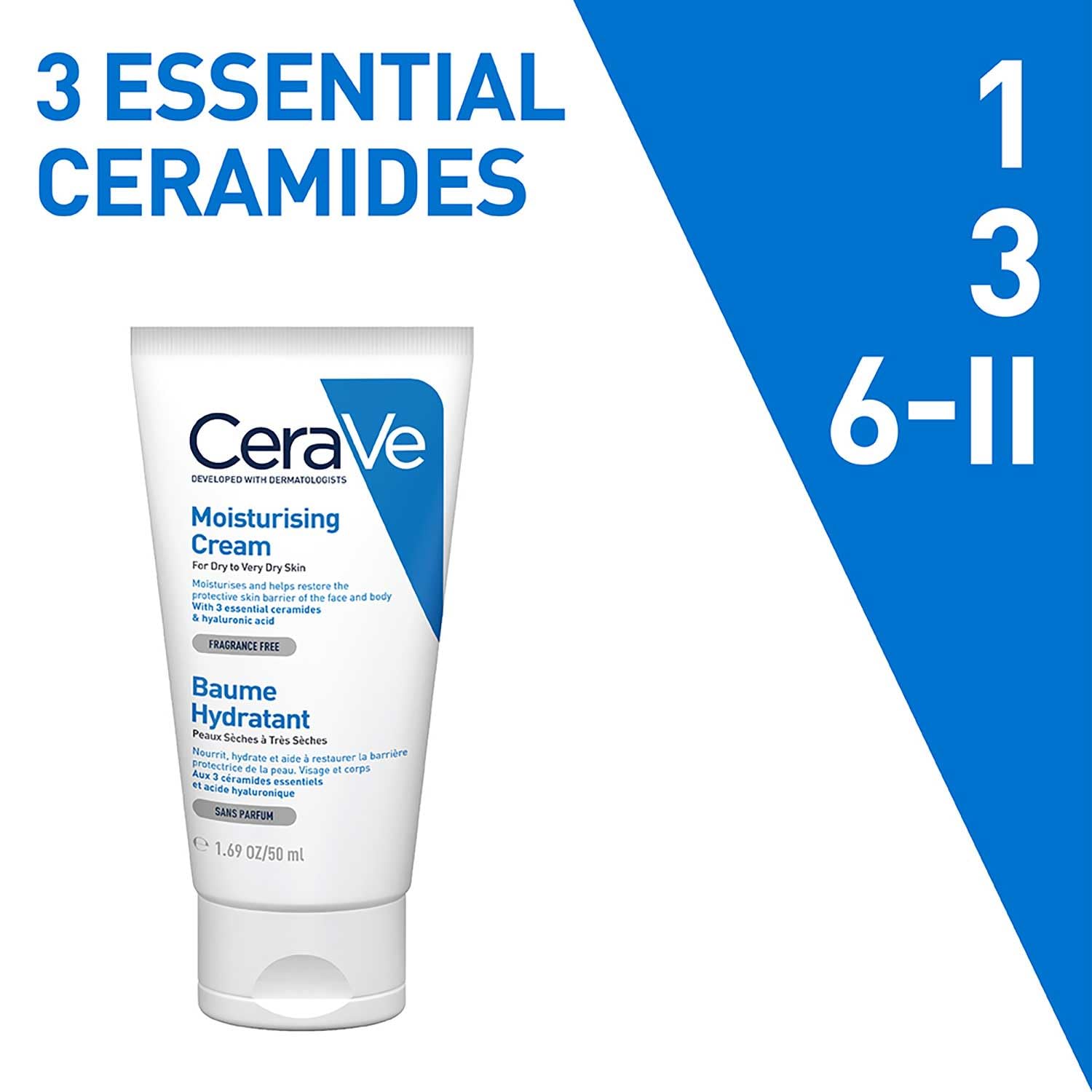 CeraVe Moisturizing Cream for Dry to Very Dry Skin (50ml) - Fragrance-Free Face & Body Lotion with Hyaluronic Acid & 3 Essential Ceramides | Non-Comedogenic, Dermatologist Recommended | Daily Hydration for Sensitive Skin Care Routine