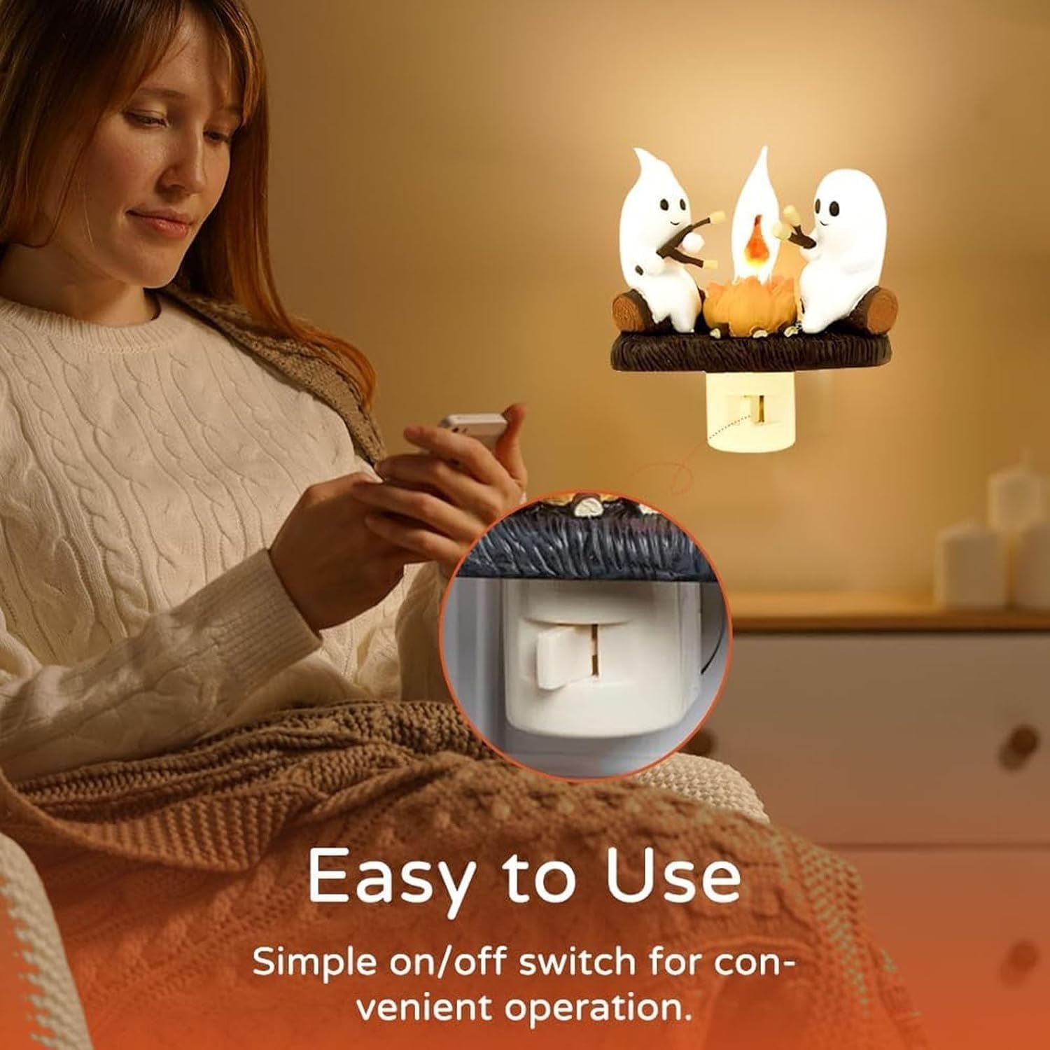 Ghost Campfire Flickering LED Night Light - Halloween Decor with Roasting Marshmallows Ghost - Spooky Flame S'Mores Wall Plug-in Nightlight (2 Pack) for Bedroom, Kids Room & Halloween Party Decorations