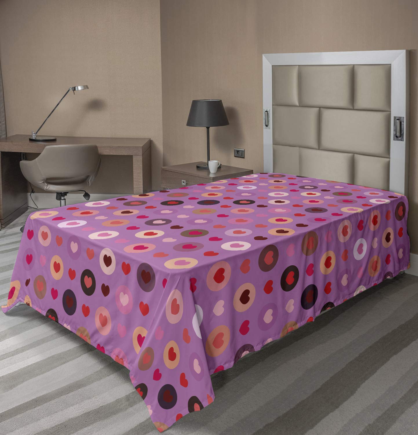 Ambesonne Abstract Valentine's Day Flat Sheet - Soft TwinXL Top Sheet with Love Heart & Circular Design in Fuchsia Red Salmon - Perfect for Romantic Bedroom Decor & Gift Ideas