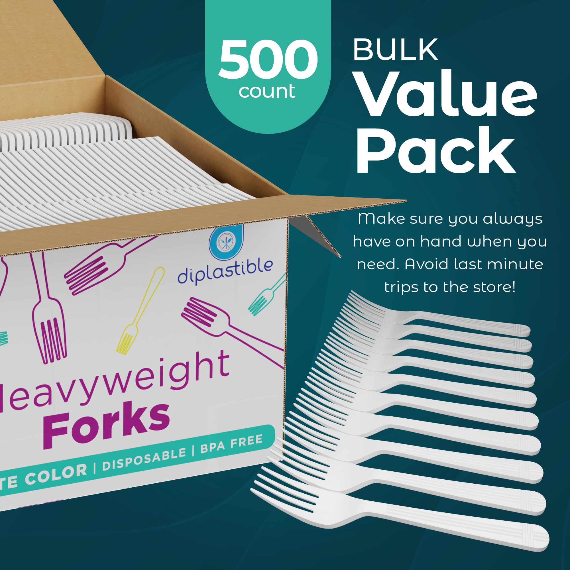 500 Count Heavyweight Disposable White Plastic Forks - Bulk Party Pack, Durable Salad Forks for Weddings, BBQs, Picnics, Catering & Home Use | BPA-Free Plastic Cutlery for Events, Travel & Everyday Dining