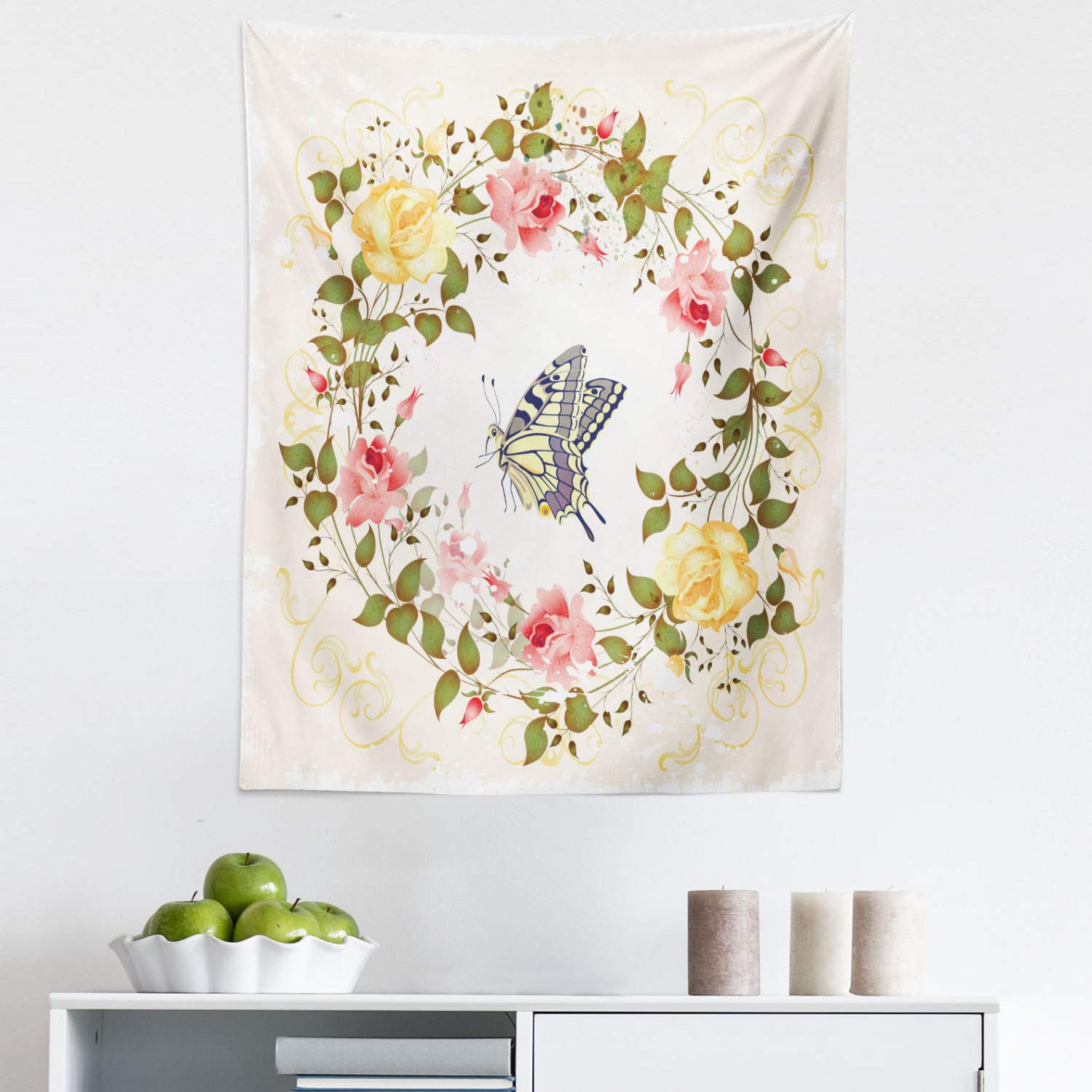 Ambesonne Vintage Rose Tapestry Wall Hanging - Romantic Floral Design with Butterfly Centerpiece, 23x28 Inch Multicolor Fabric Decor for Bedroom, Living Room, Dorm | Perfect for Boho Home Decor, Wedding Backdrop & Photo Shoot Background