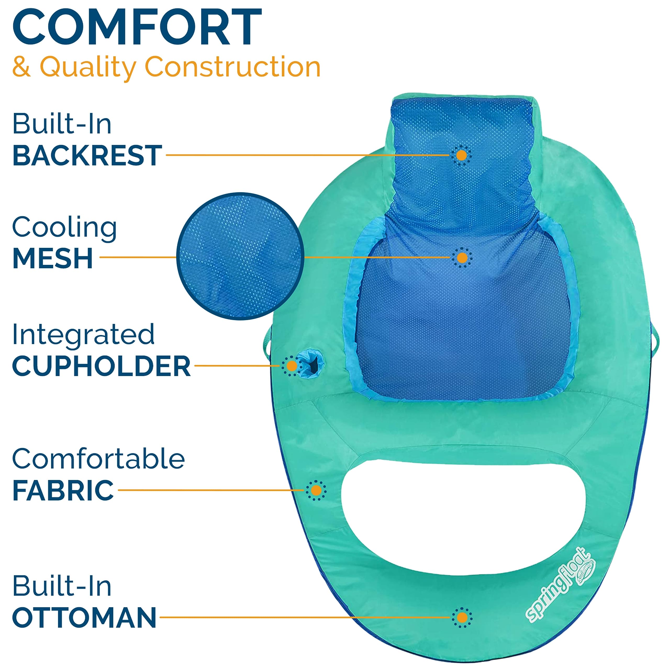 SwimWays Spring Float Reclining Pool Lounge Chair - Quick Inflatable Floating Lounger for Adults with Cup Holder & Footrest - Ages 15+ (Aquamarine) - Perfect for Relaxing by the Pool, Lake or Beach