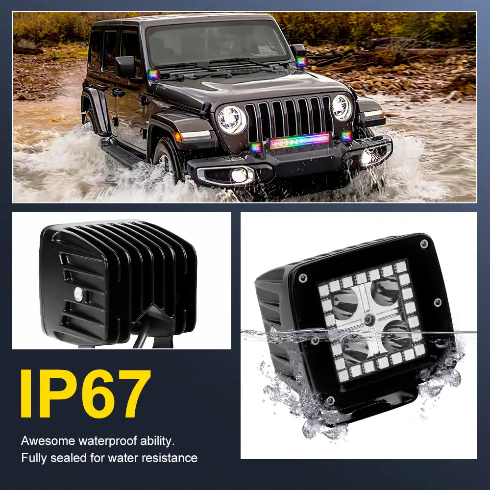12W 3 RGB Chasing LED Light Pods for Off-Road Vehicles - 4 Pack | Waterproof ATV/UTV Lighting for Night Driving, Camping & Outdoor Adventures
