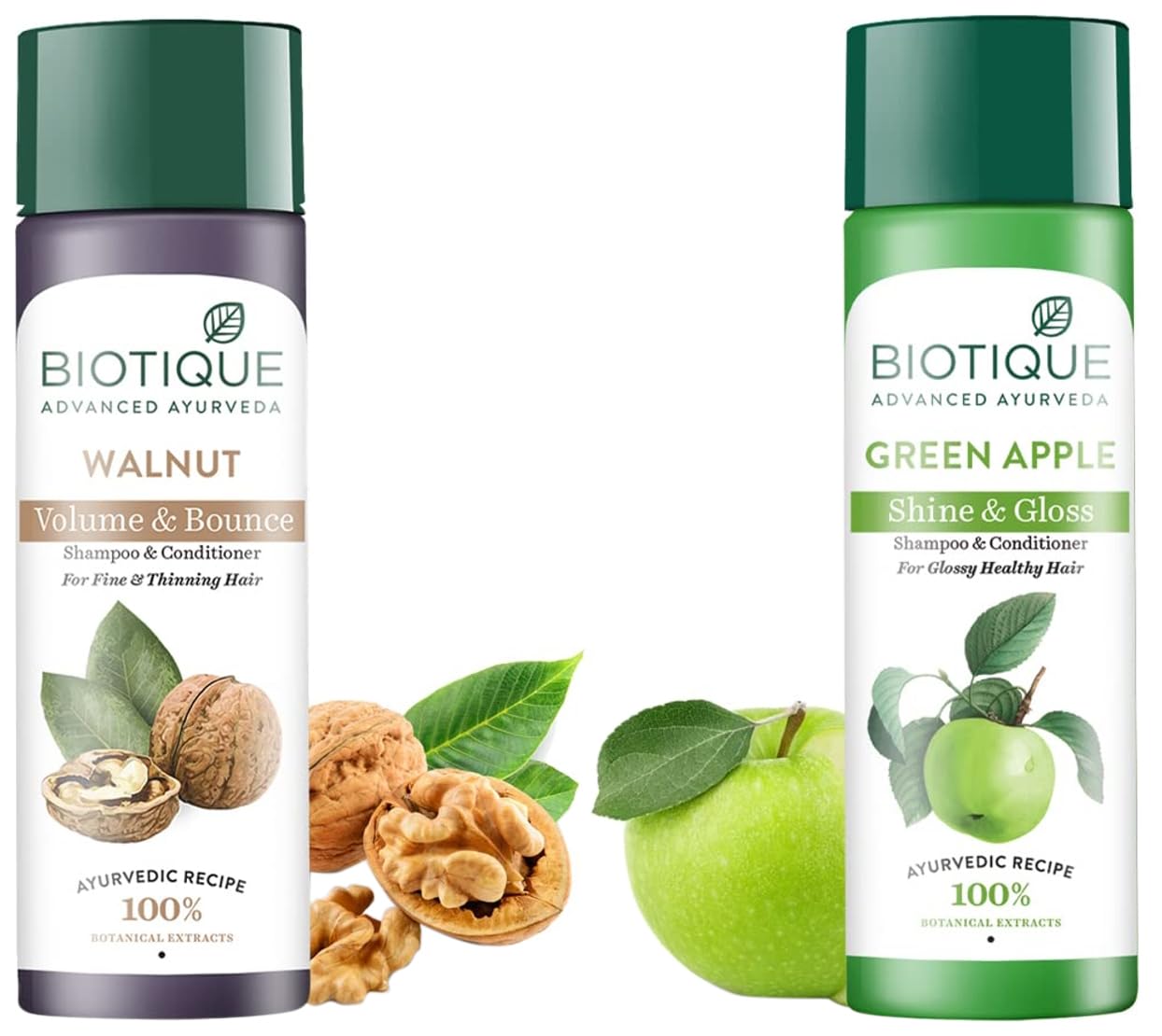 Biotique Bio Green Apple Fresh Daily Purifying Shampoo & Conditioner Set (190ml) + Bio Walnut Bark Hair Growth Shampoo for Fine & Thinning Hair (190ml) - Natural Hair Care for Daily Cleansing & Volumizing - Perfect for Home & Salon Use