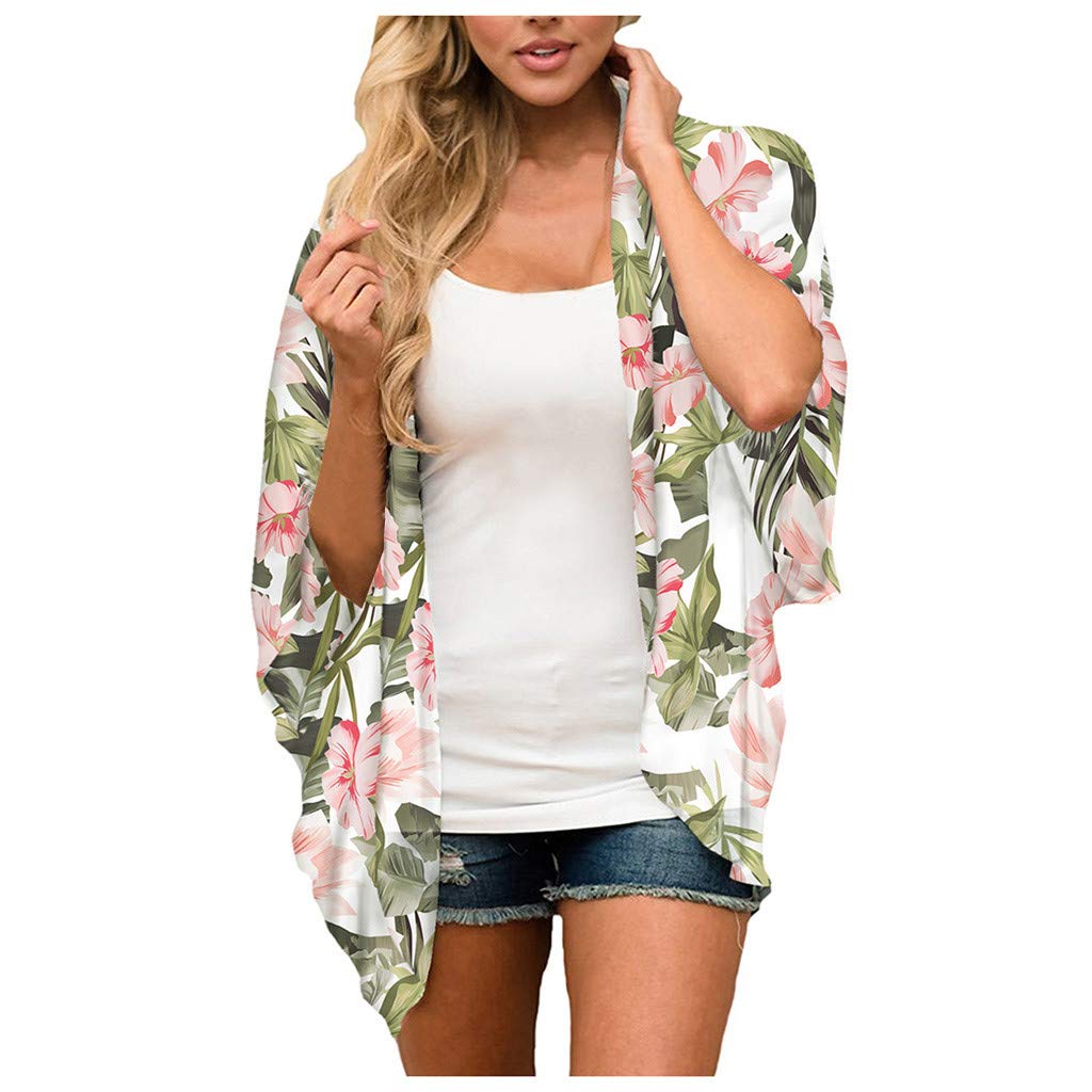 Women's Lightweight Kimono Cardigan - Flowy Chiffon Open Front Blouse with Floral Print - Summer Beach Cover Up, Boho Loose Top for Casual Wear & Vacation Outfits