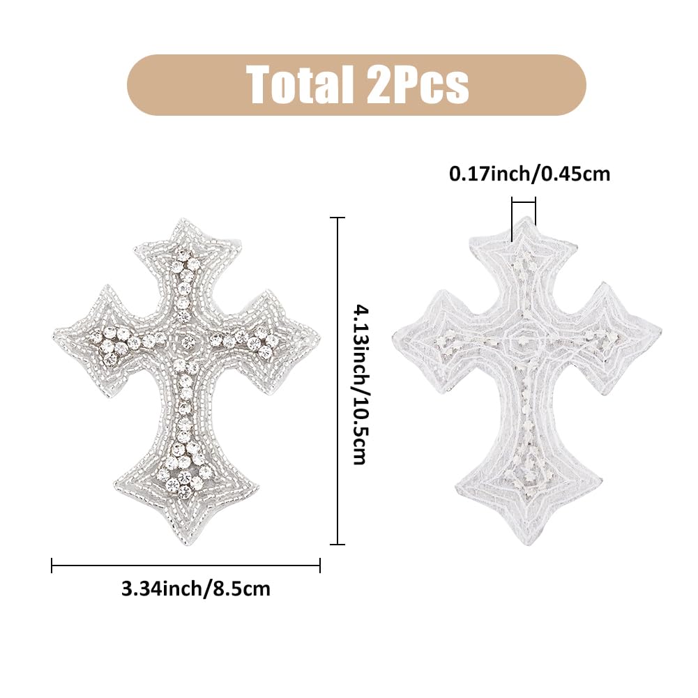 Vintage Rhinestone Cross Applique Patches 2Pcs - Beige Embroidery Iron On & Sew On Clothing Patches 4.13x3.34x0.17 Inch for DIY Dress, Jacket, Bag Repair - Perfect for Gothic Fashion, Church Events & Costume Design