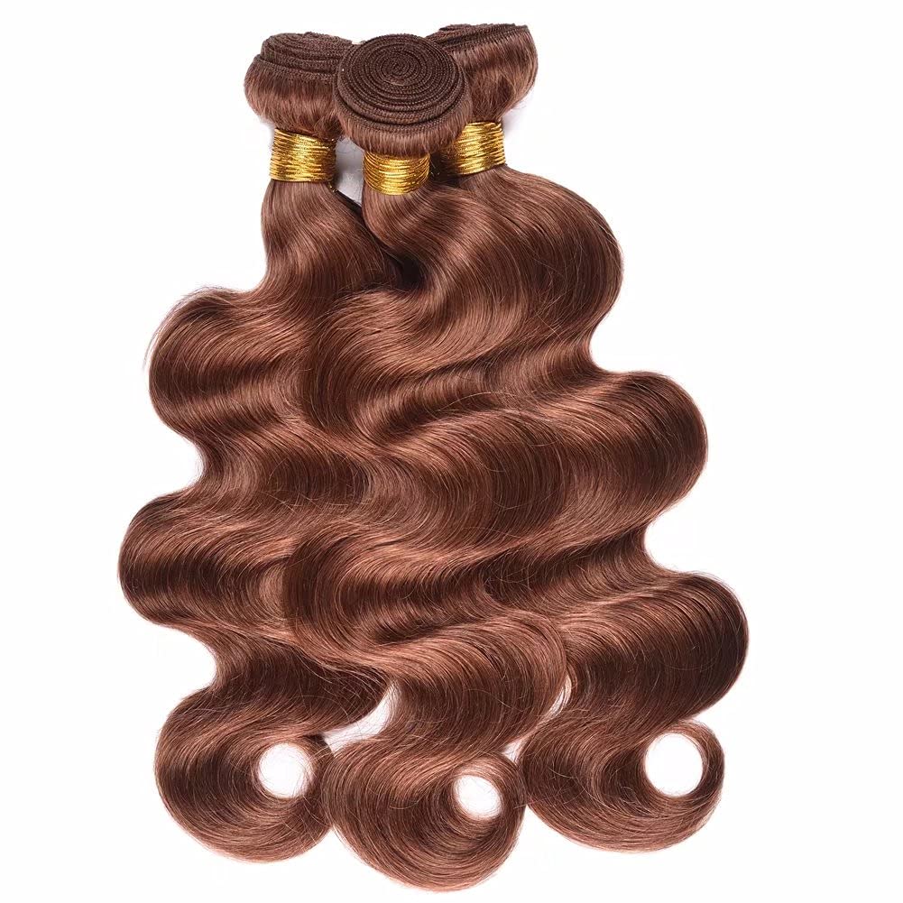 Brazilian Body Wave Human Hair Bundles - 3 Bundles (16 18 20 Inch) 100% Virgin Mink Brazilian Hair Weave Extensions - Natural Wavy Colored 30 Brown - Perfect for Salon Styling, Everyday Wear & Special Occasions