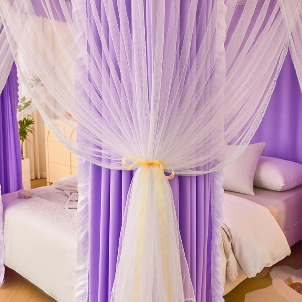2-in-1 Double Protection Princess 4 Corner Post Bed Mosquito Net & Blackout Bed Curtains - Purple Full Size for Bedroom Privacy & Pest Control - Perfect for Canopy Beds, Daytime Napping & Allergy Protection