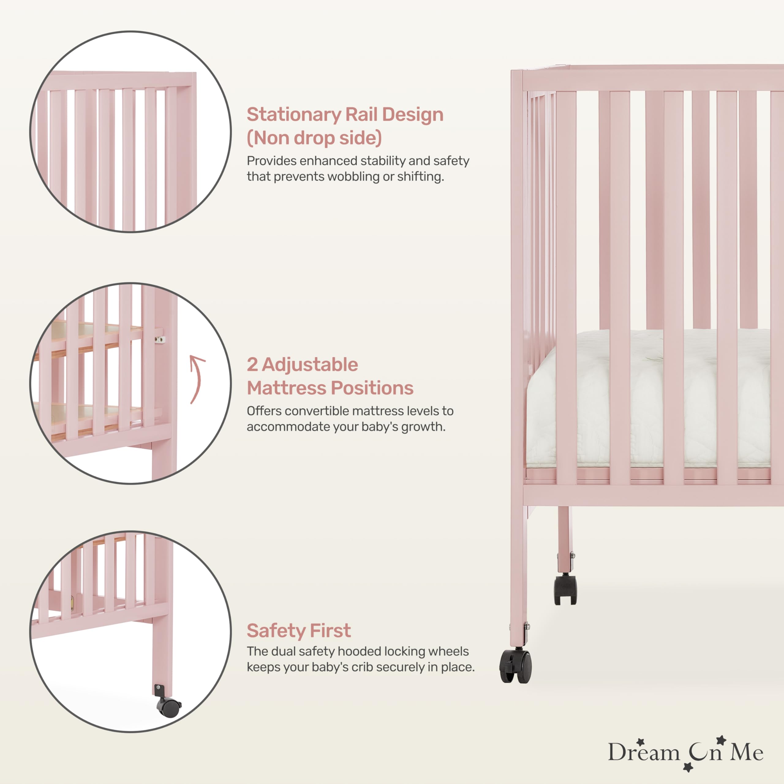 Dream On Me Quinn Full-Size Folding Crib - Blush Pink Baby Crib with Removable Wheels, Adjustable Mattress Support & Patented Foldable Design | Modern Nursery Furniture for Home, Travel & Daycare Use