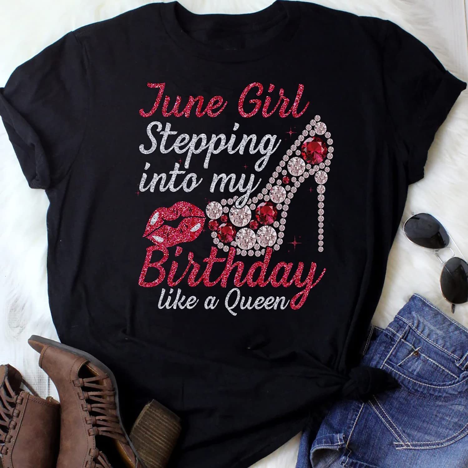 Custom 'Stepping Into My Birthday Like A Queen' Women's Shirt - Personalized Birthday Date (June) - Queen Born in April Tee - Perfect for Birthday Parties & Celebrations