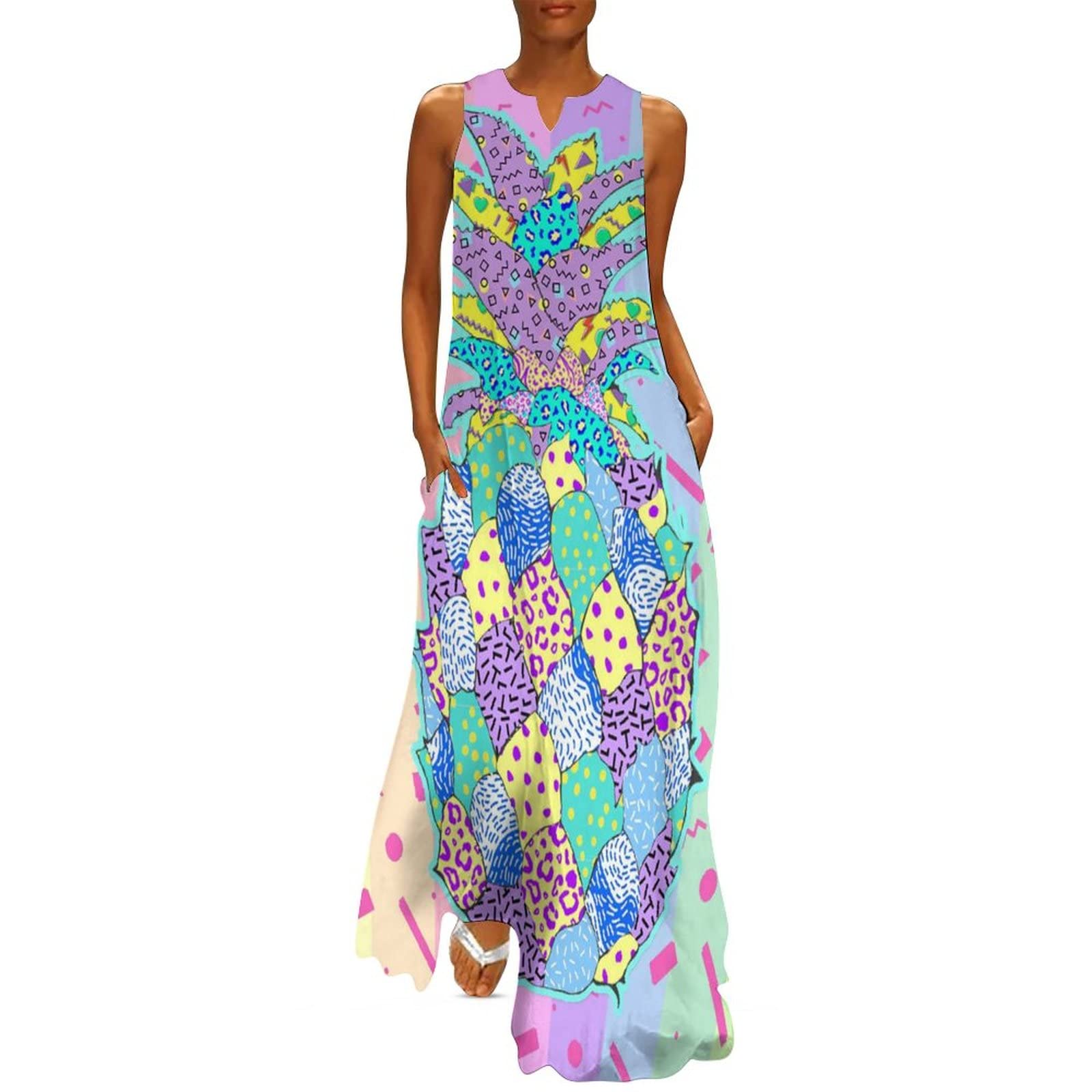 Vintage 80s 90s Fruit Print Summer Dresses for Women - Casual Sleeveless Long Maxi Dress | Perfect for Beach Vacations, Music Festivals & Retro Themed Parties