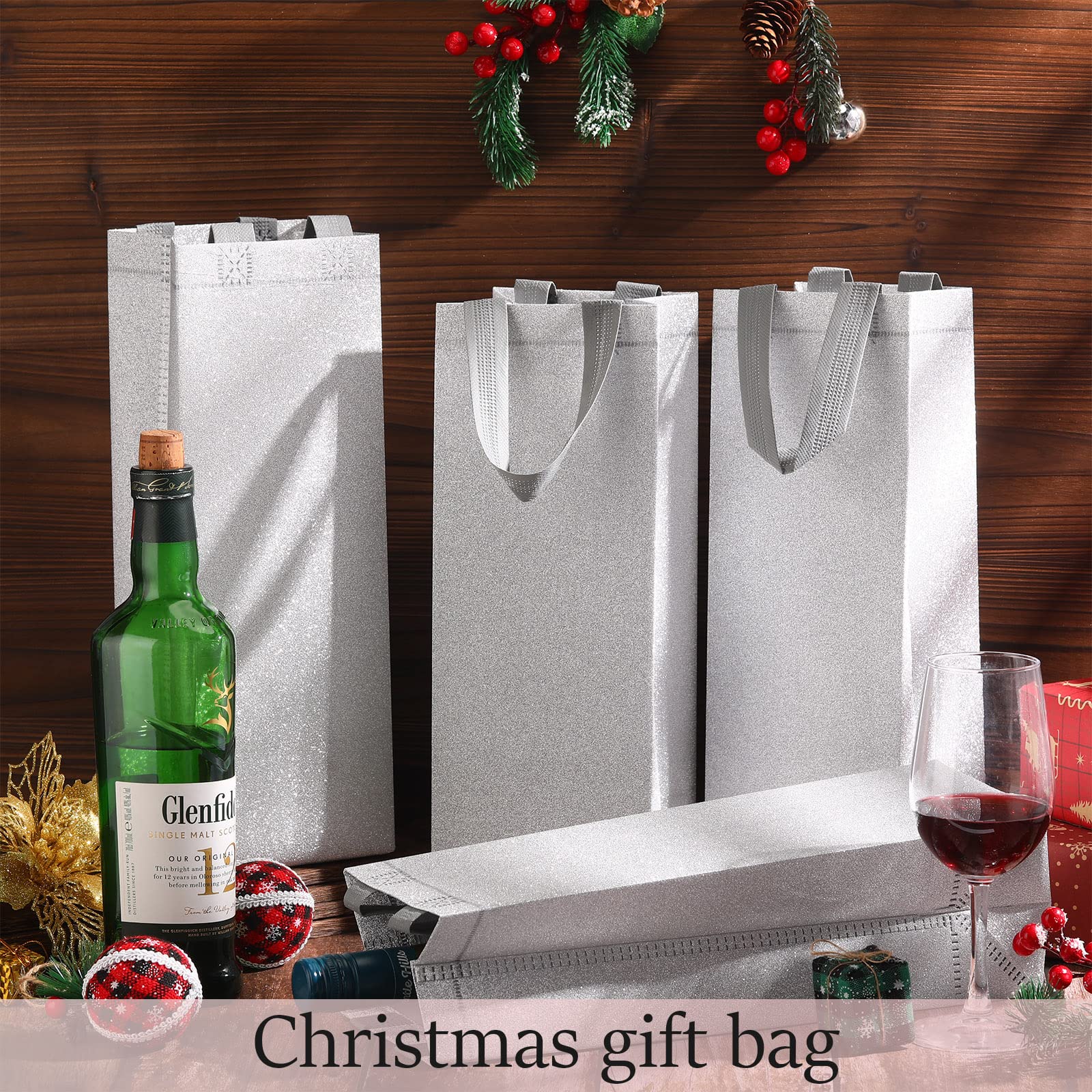 Woanger 48 Pcs Reusable Metallic Glitter Wine Gift Bags with Handles - Non Woven Bottle Bags for Holiday Gifts, Wedding Favors, Housewarming Parties & Special Occasions | Perfect for Christmas, Anniversary & Birthday Celebrations