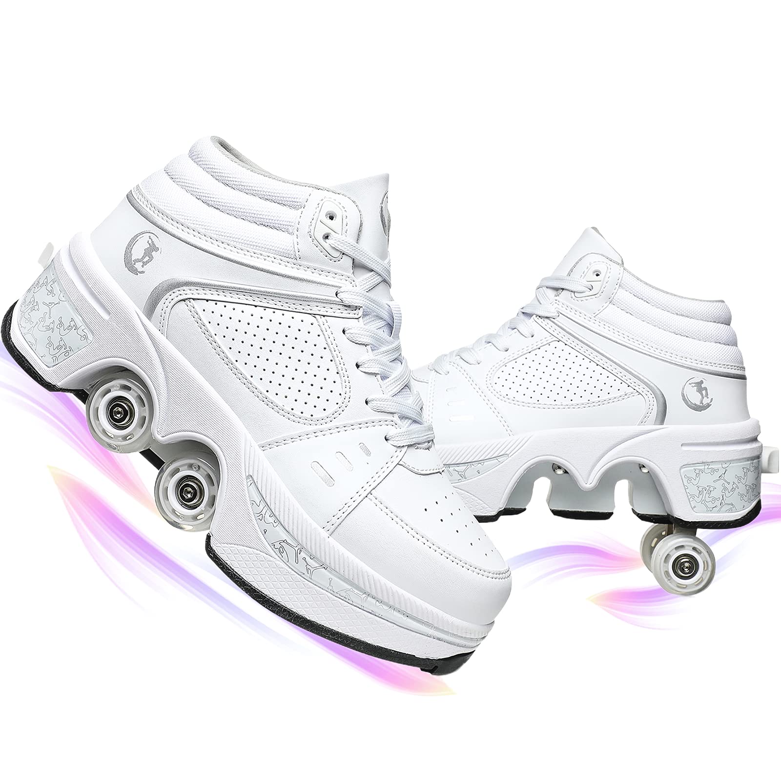 YUNWANG 2-in-1 Roller Skates for Adults & Kids - Convertible Parkour Shoes with 4 Removable Wheels - Unisex Running Shoes & Skates Combo for Outdoor Sports, Fitness & Fun Activities