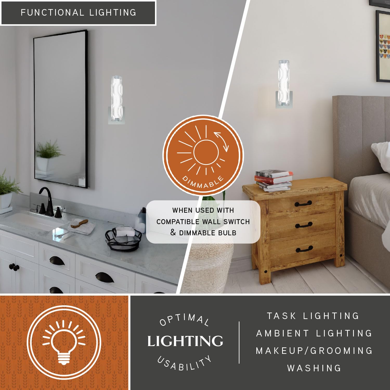 1-Light LED Chrome Bathroom Vanity Light Fixture with Clear Glass - Modern Lighting for Bathroom, Powder Room & Dressing Area