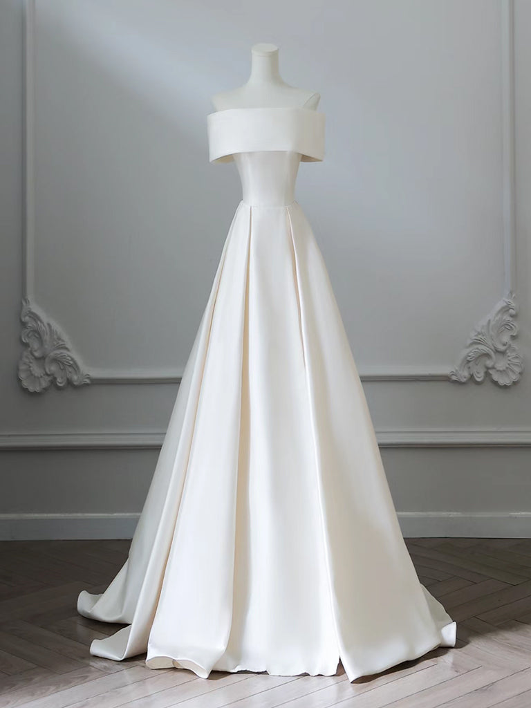 Elegant A-Line Off Shoulder Satin Ivory Long Prom Dress - Formal Evening Gown for Homecoming, Wedding & Special Occasions