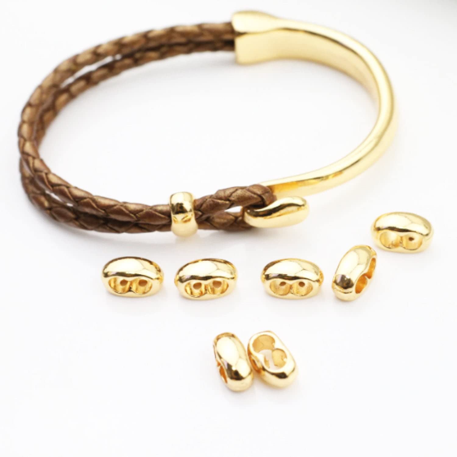 Slider Beads Two Hole Leather Crimps for Bracelets - 10 Pieces Gold Jewelry Findings - Perfect for DIY Bracelet Making & Leather Craft Projects