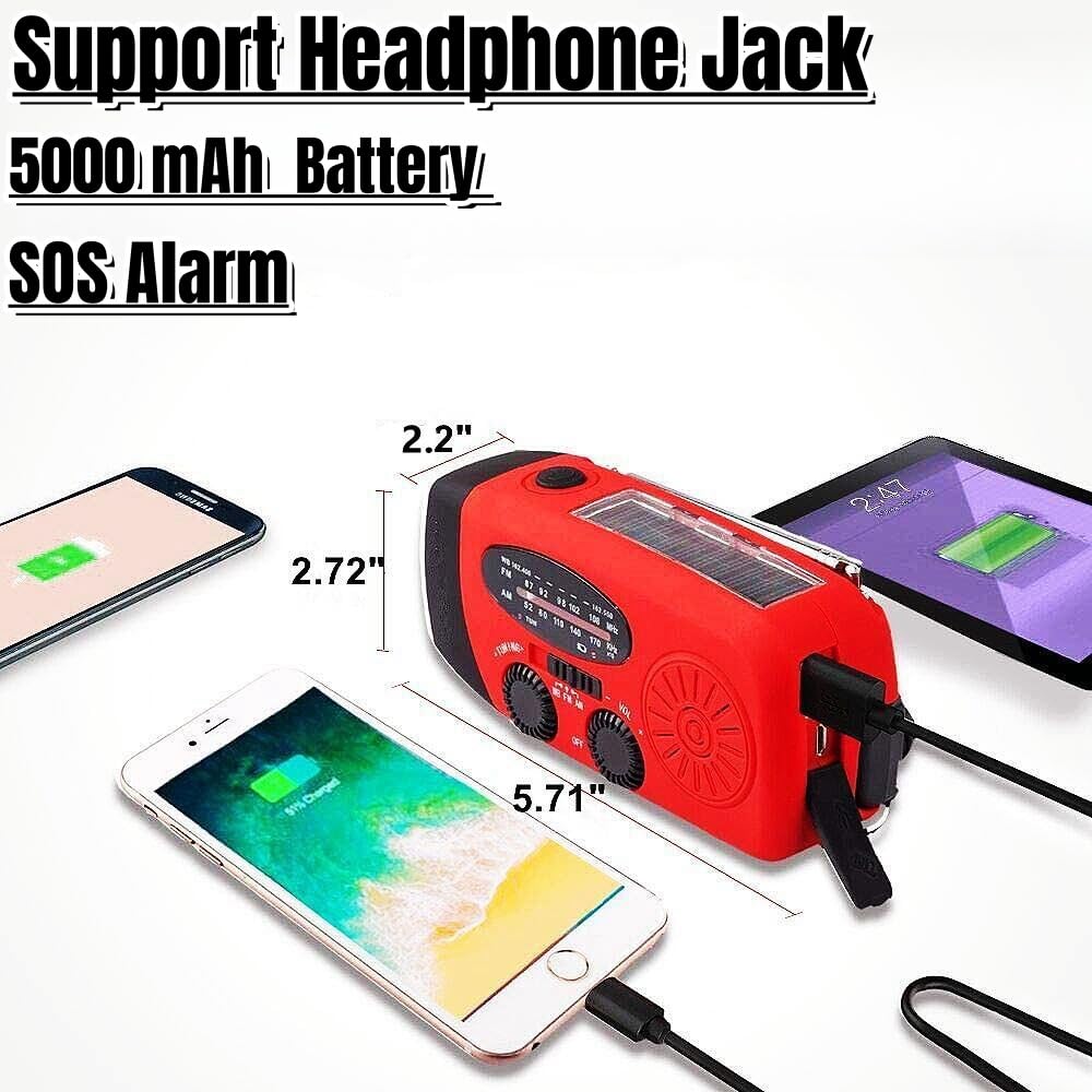 18500mWh/5000mAh Hand Crank Emergency Weather Radio - AM/FM/NOAA Solar Powered Radio with LED Flashlight, Earphone Jack & SOS Alarm | Portable Self-Powered Radio for Camping, Hiking & Emergency Preparedness | Smartphone Charger for Outdoor Adventures