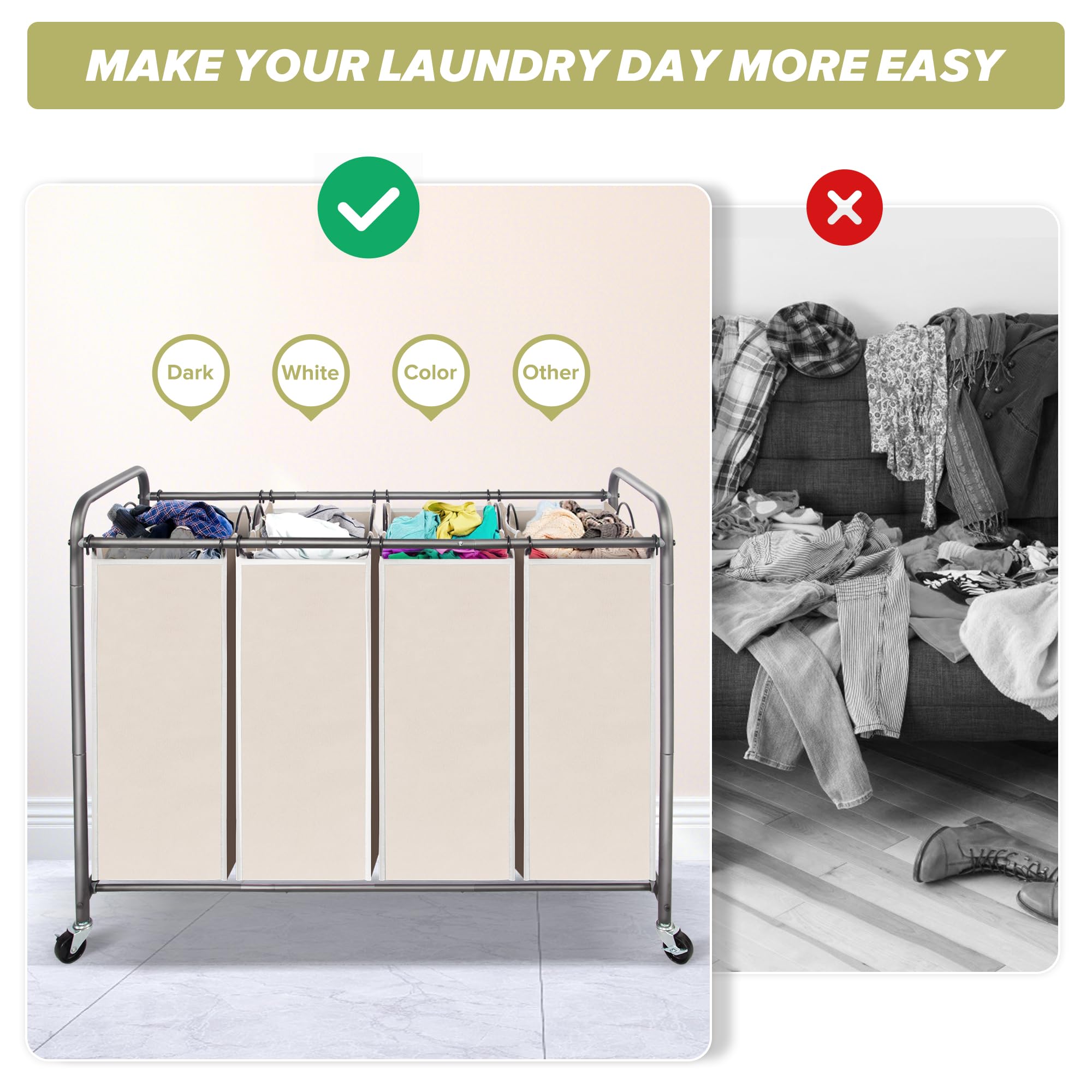 Heavy-Duty Rolling Laundry Hamper with 4 Removable Bags & Lockable Wheels - Beige Laundry Sorter Cart for Bedroom, Closet, or Laundry Room Organization
