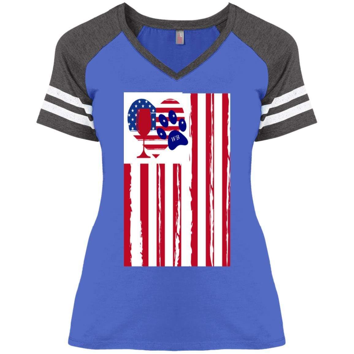 American Flag Wine Paw Heart V-Neck T-Shirt for Women - Cute Casual Ladies' Game Day Tee - Perfect for Parties, Girls Night Out & Patriotic Events
