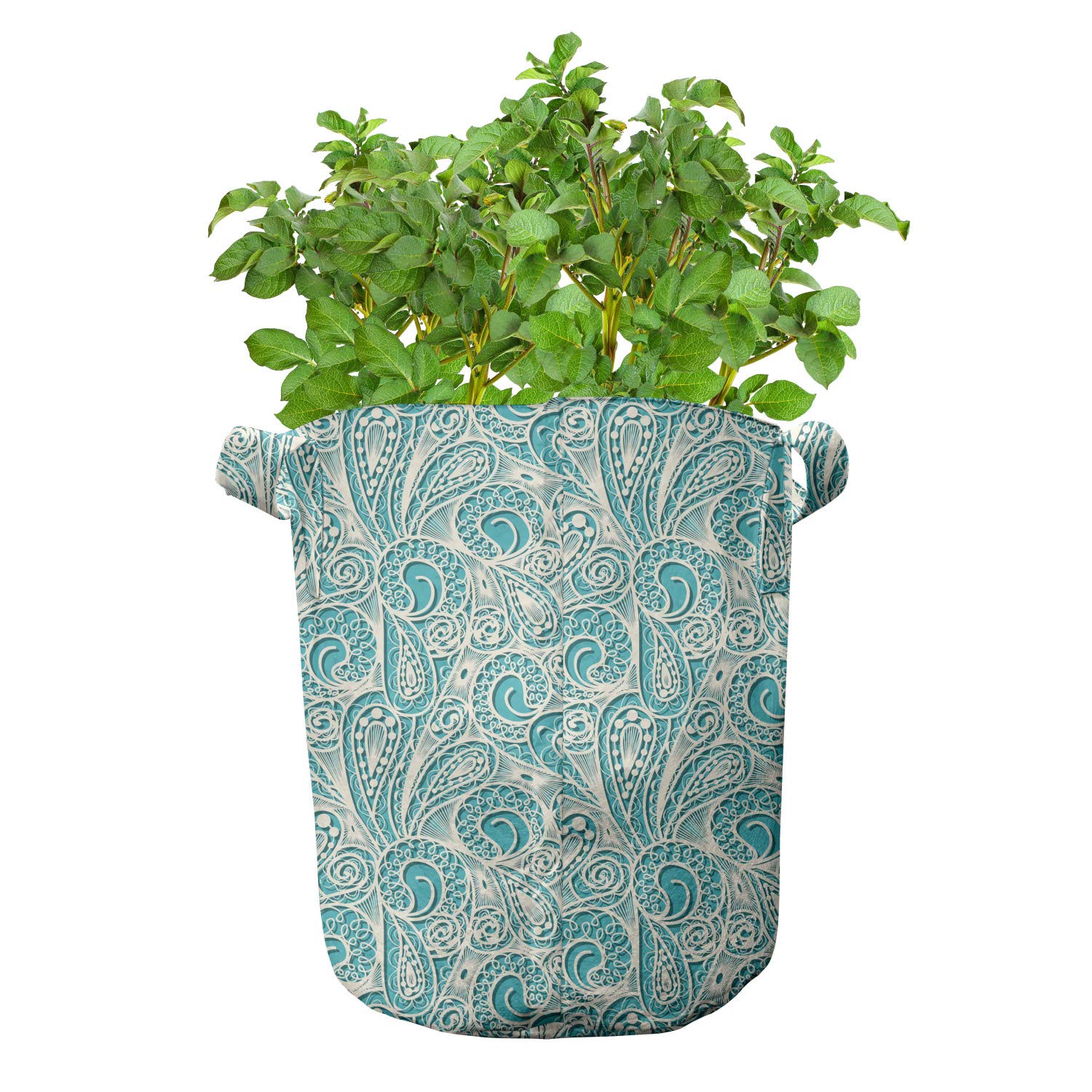 Ambesonne 5-Pack 5 Gallon Teal Grow Bags with Handles - Heavy Duty Fabric Plant Pots, Romantic Lace Pattern in Teal & Beige - Ideal for Indoor/Outdoor Gardening, Vegetables, Flowers & Herbs