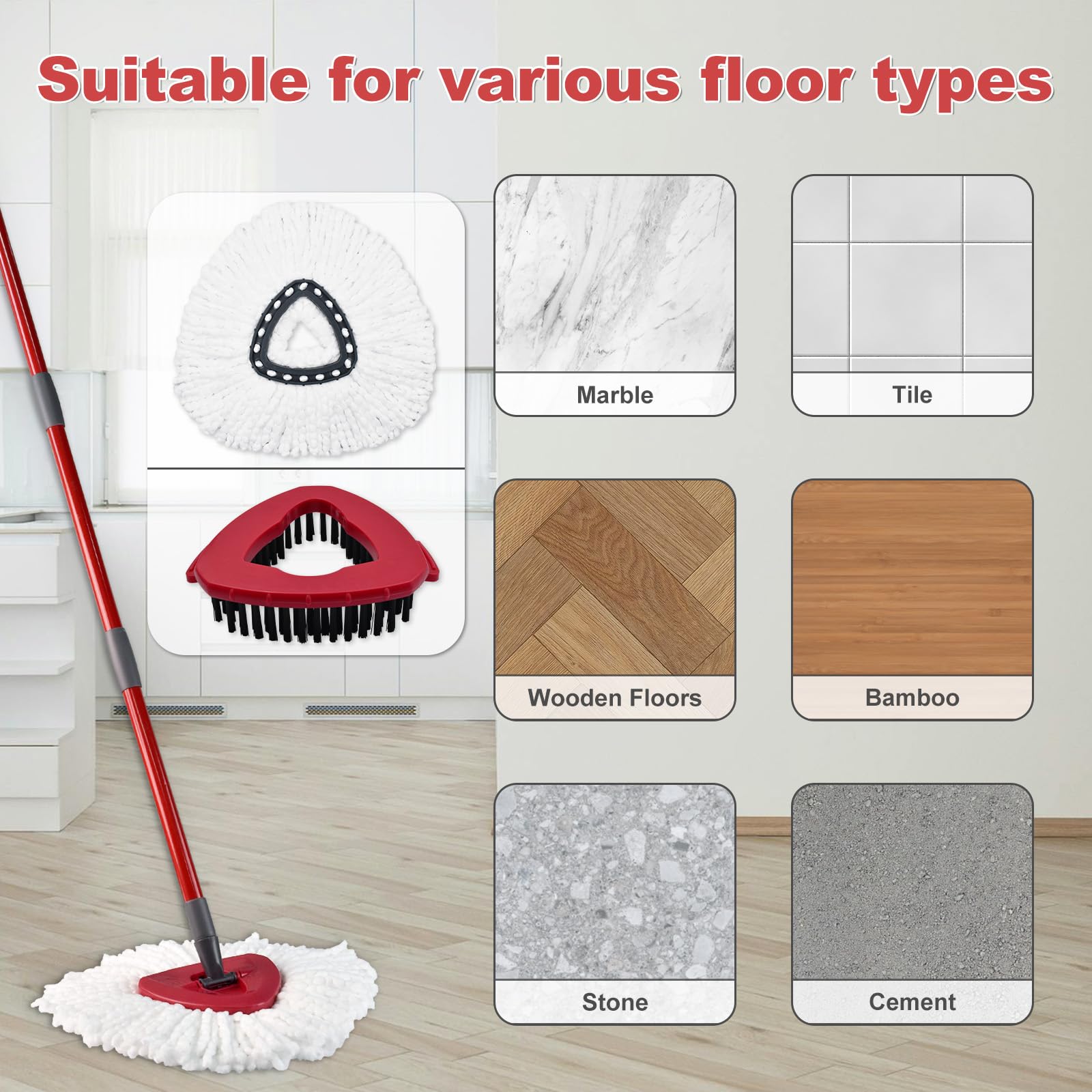 Ocedar EasyWring Spin Mop Replacement Head - 2 Microfiber Mop Refills with 4-Section Sturdy Iron Handle (30-58in), Base & Scrubber Head Combo Set - Perfect for Kitchen, Bathroom & Hard Floor Cleaning