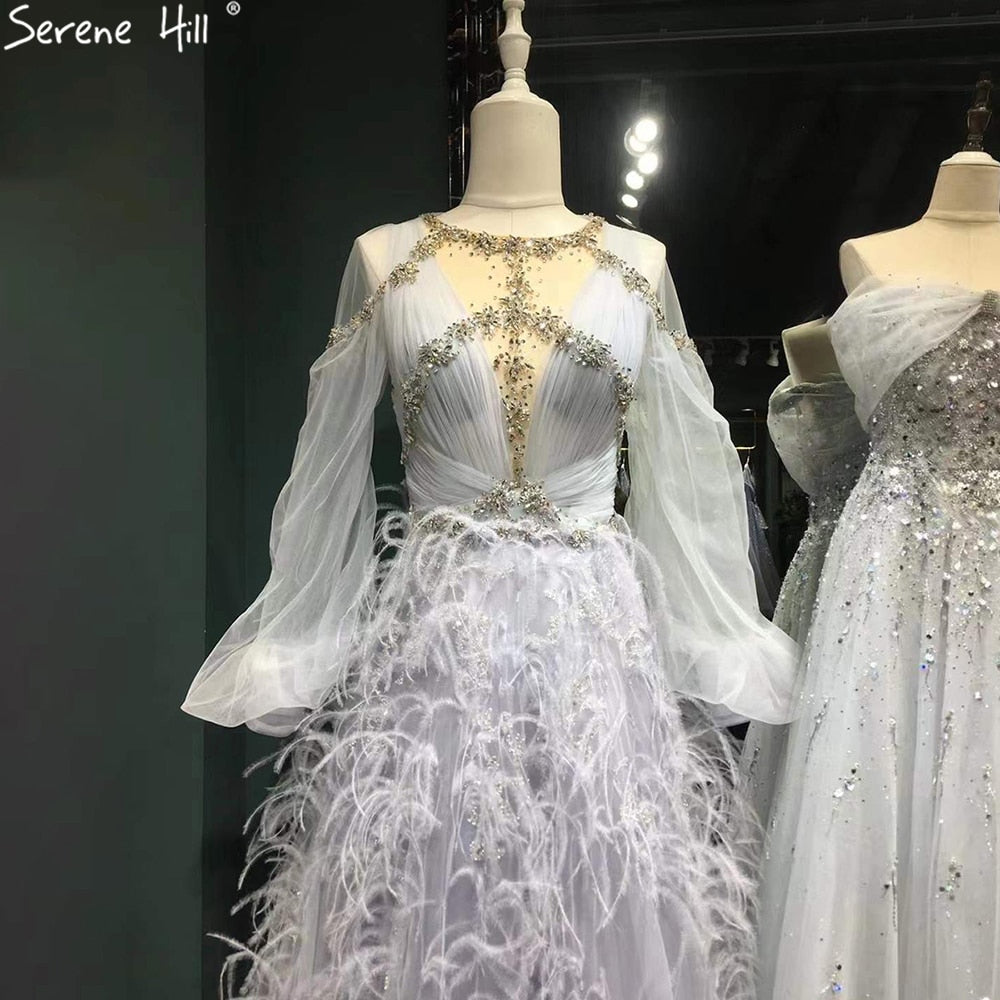 Elegant Grey A-Line Evening Gown with Long Sleeves & Diamond Feather Details - Women's Luxury Party Dress for Formal Events, Galas & Special Occasions - Serene Hill Collection LA71495