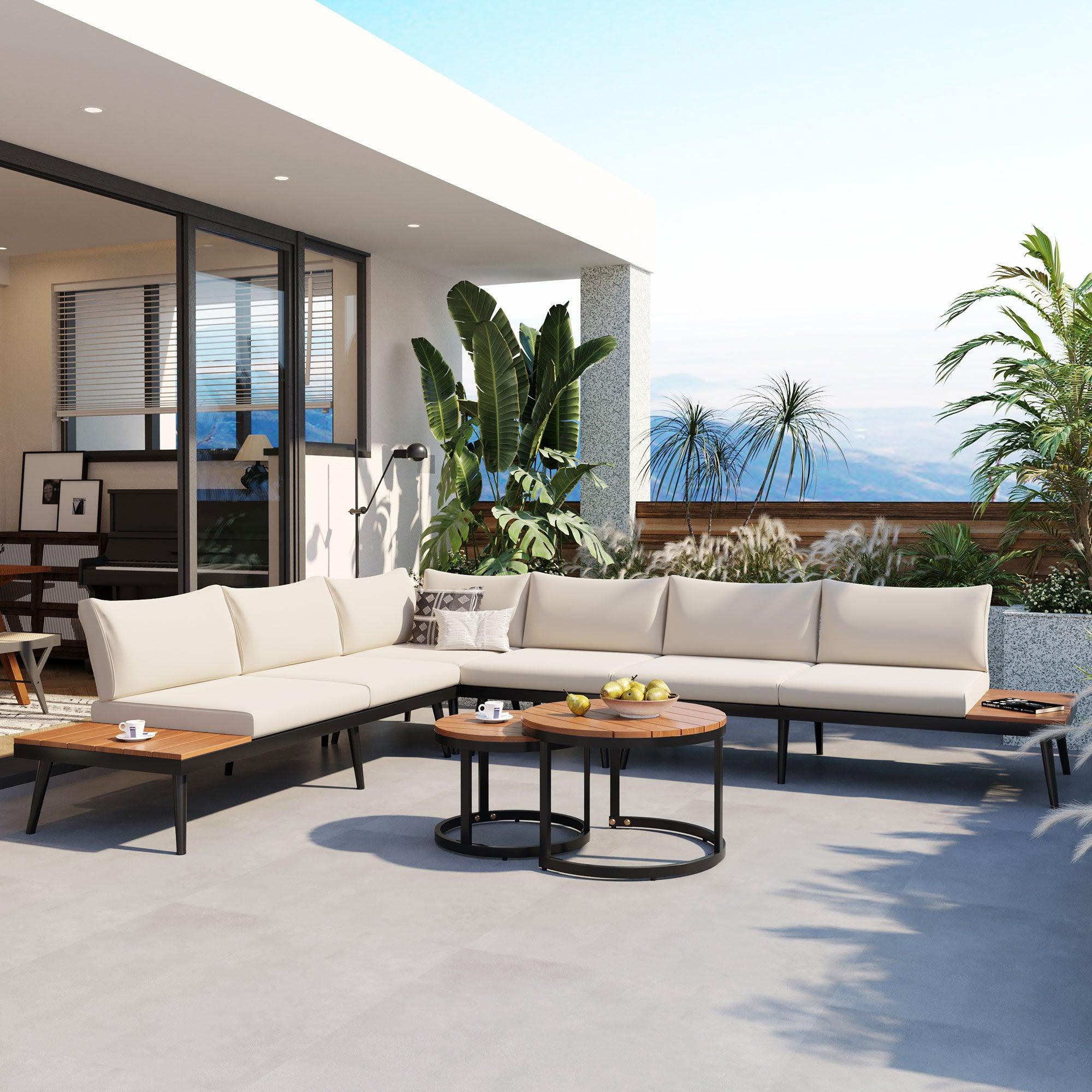 6-Piece Outdoor Sectional Sofa Set with Round Nesting Coffee Tables & Cushioned Seating - Patio, Porch, Garden Furniture for Backyard, Poolside & Outdoor Living Spaces