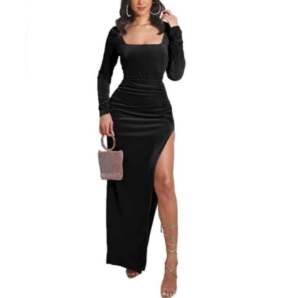 Women's Velvet Long Sleeve Maxi Dress with High Slit - Elegant Vintage Bodycon Dress for Wedding Guest, Club Party & Fall Occasions | Perfect for Evening Events, Date Nights & Holiday Gatherings