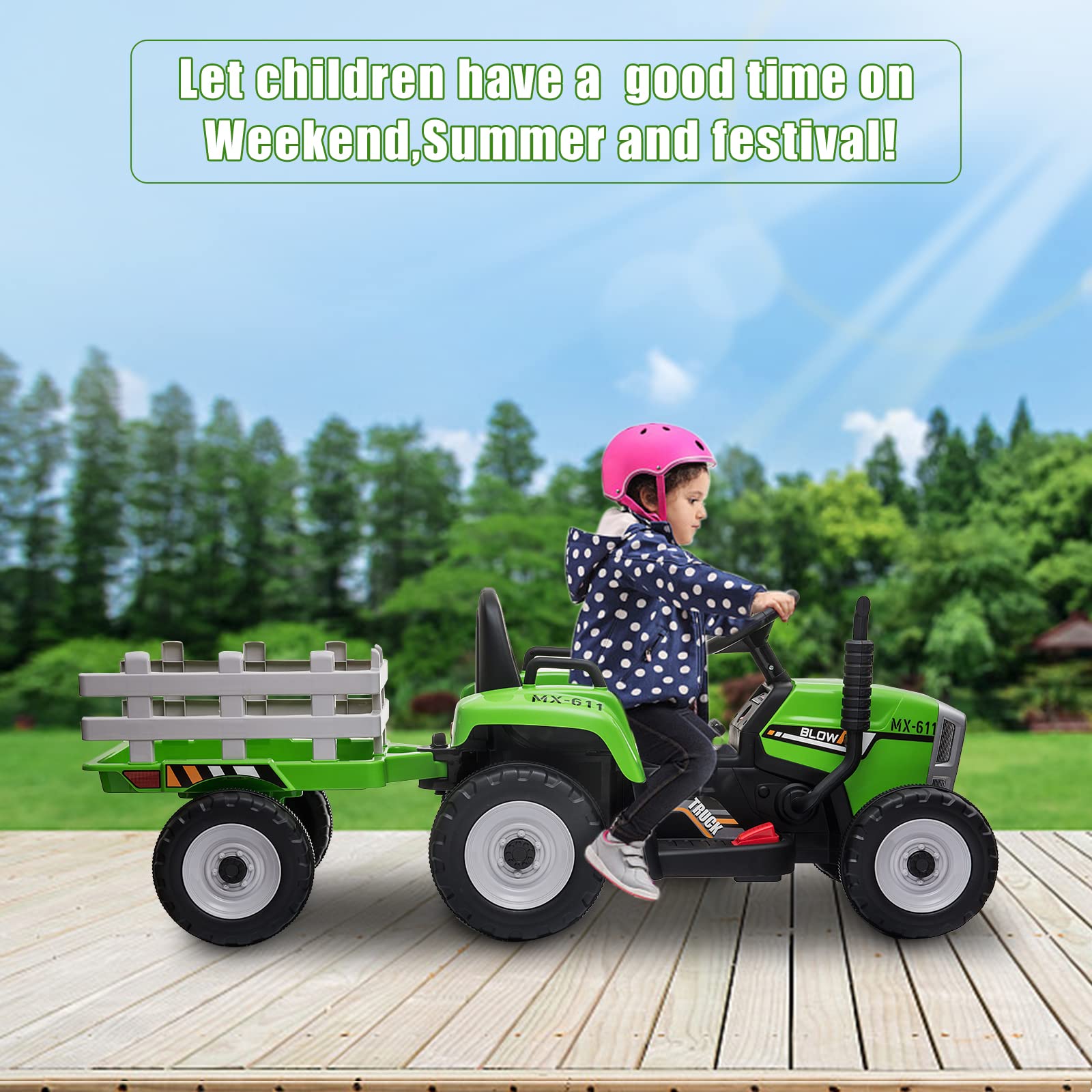 SEHOMY 12V Kids Electric Ride-On Tractor with Trailer - 25W Dual Motor Battery-Powered Toy Car with Parent Remote Control, 3-Speed Gear Shift, LED Lights & Music - Green Power Wheels for Boys & Girls | Outdoor Play, Backyard Fun, Birthday Gift for Toddlers Ages 2-5 Years