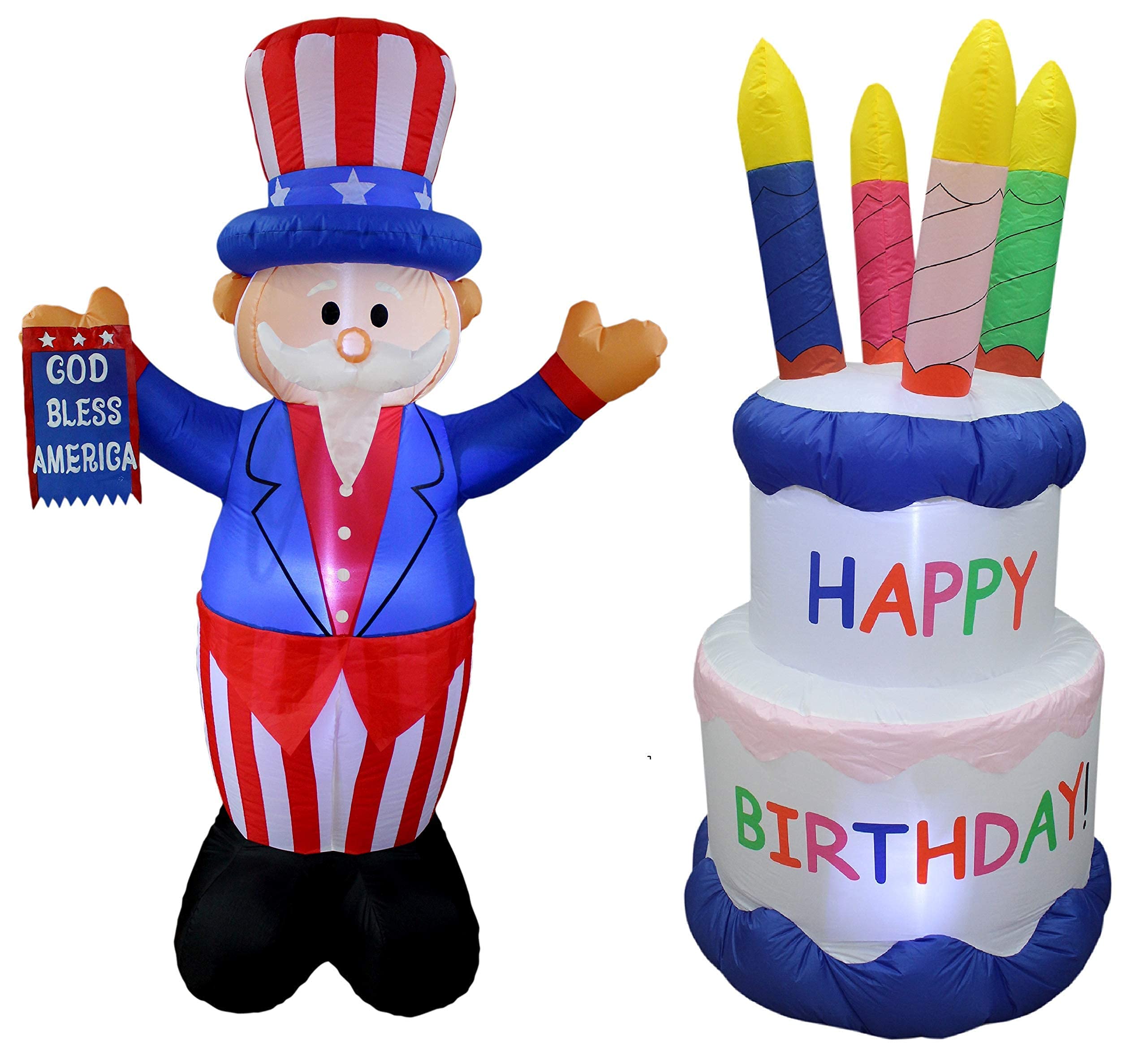 Patriotic & Birthday Party Decorations Bundle - 6ft Inflatable Uncle Sam with 'God Bless USA' Flag & 6ft Inflatable Birthday Cake with 4 Candles - Perfect for 4th of July Celebrations, Independence Day Events & Birthday Parties