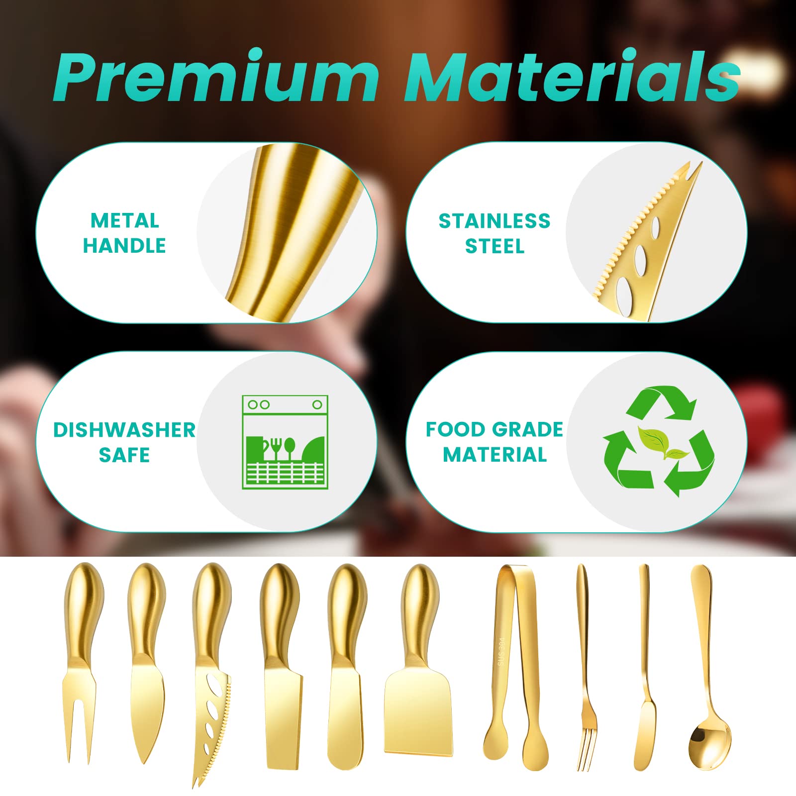 Premium Gold Cheese Knife Set - Stainless Steel Cheese Slicer & Butter Spreader with Serving Tongs, Spoons, Forks, Flags & Honey Dipper - Perfect for Charcuterie Boards, Cheese Platters & Gourmet Entertaining