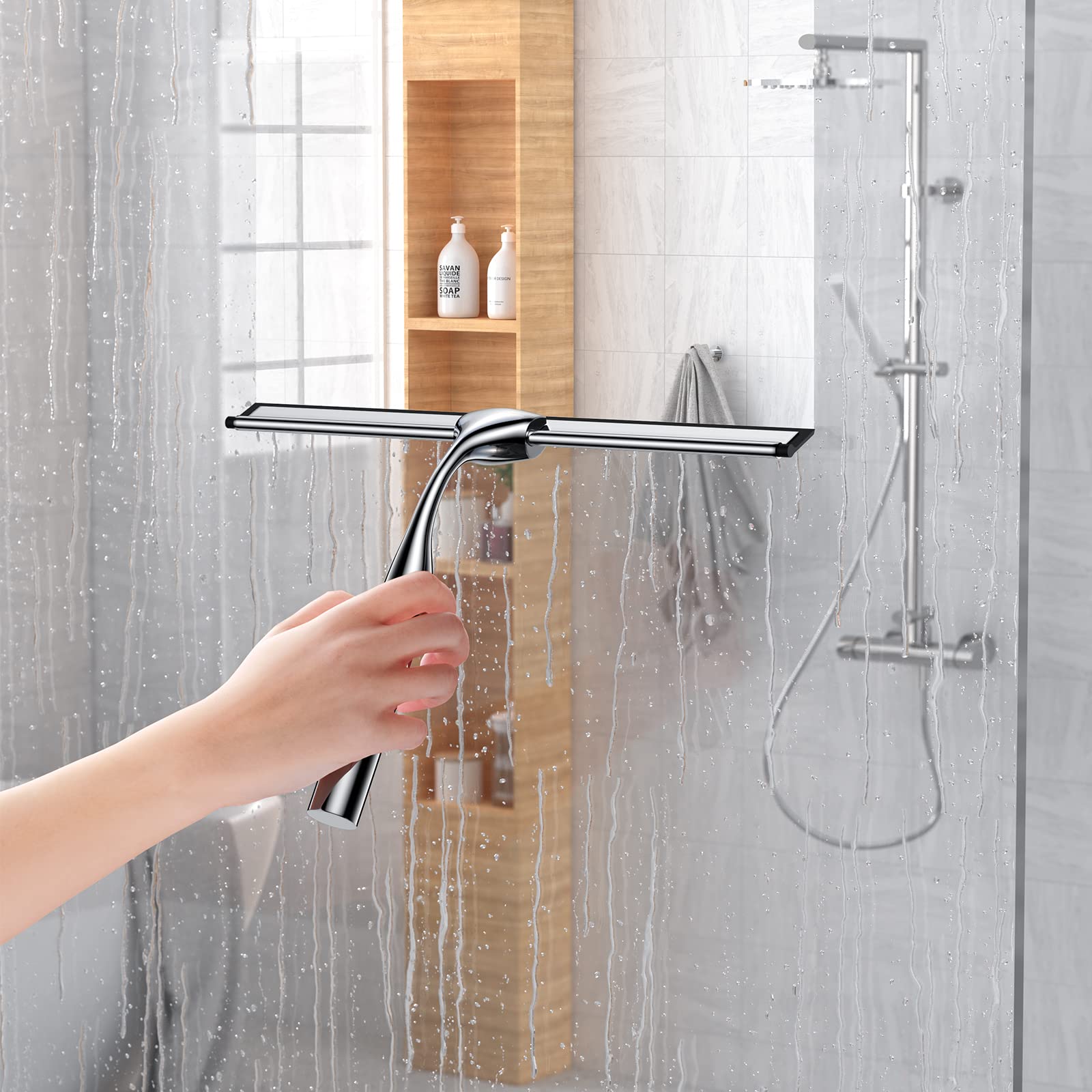 14-Inch Stainless Steel Shower Squeegee Set with Hooks & Extra Blade - Glass Window Cleaner for Bathroom, Mirror, Car & Shower Doors - Perfect for Streak-Free Cleaning After Showers or Car Washing