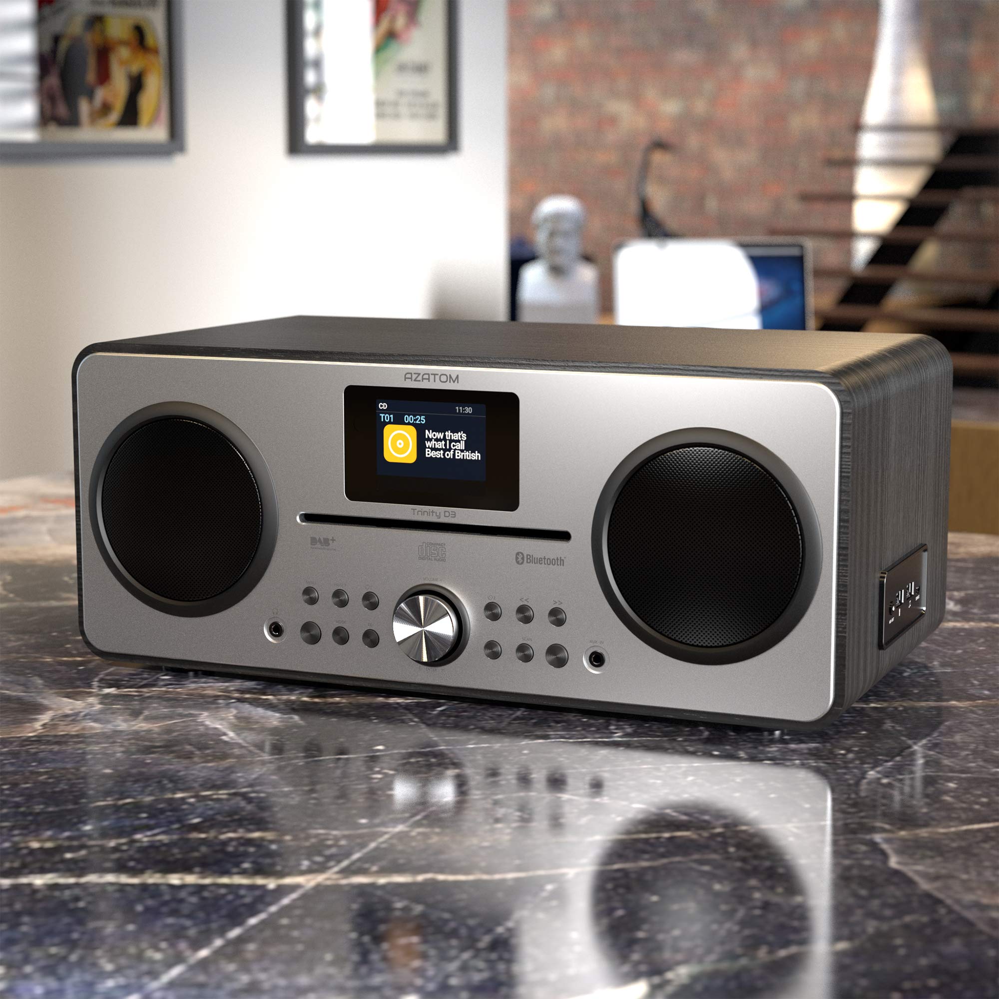 AZATOM Trinity DAB/DAB+ Digital CD Player with FM Radio, Bluetooth 5.0, Stereo Speaker System, Alarm Clock, USB Charger & MP3 Playback - Premium Hi-Fi Sound for Home & Office (Renewed, Black) - Perfect for Bedroom, Living Room or Workspace Entertainment