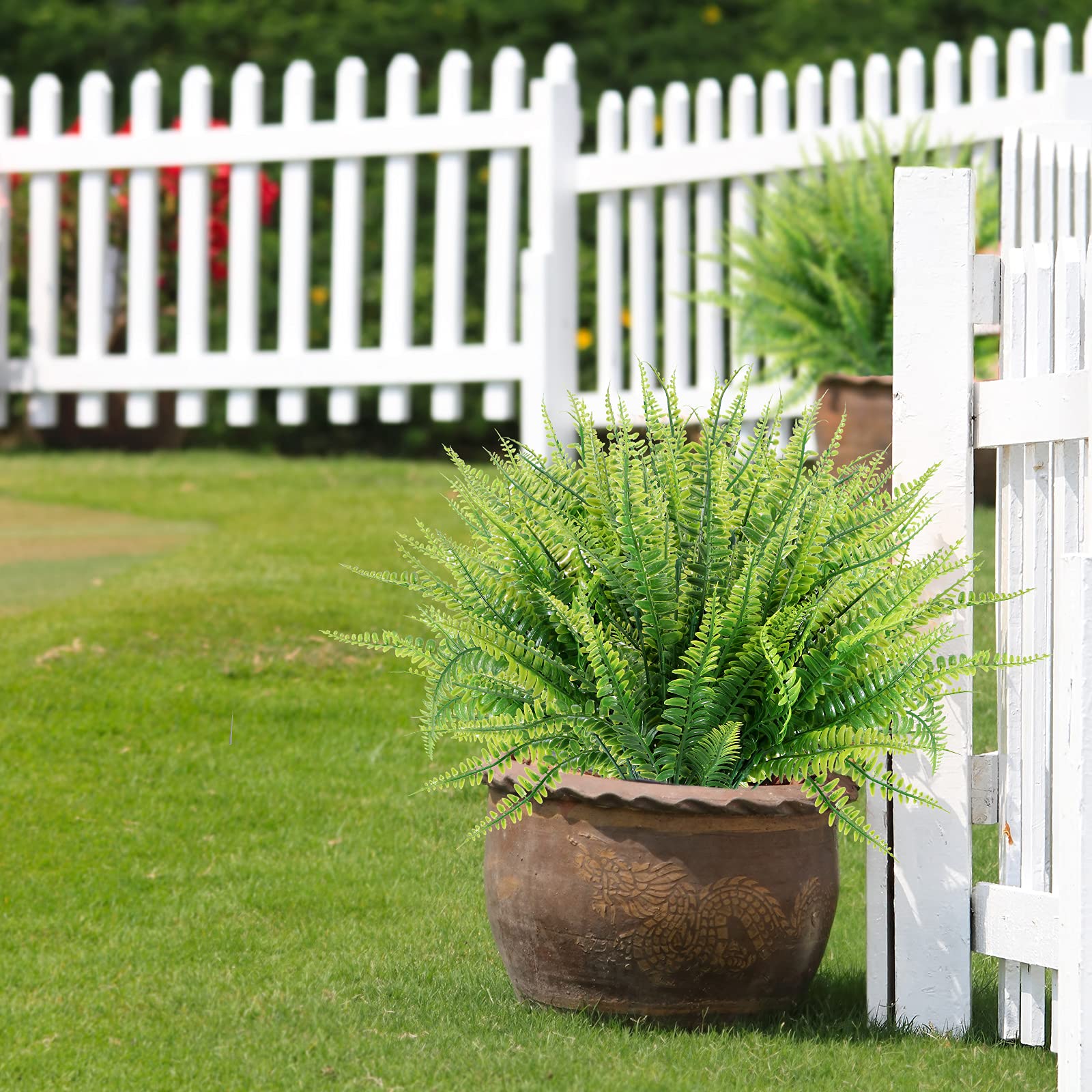12 Bundles Artificial Boston Fern Plants - UV Resistant Faux Greenery for Outdoor Garden, Porch & Window Box Decor - Perfect for Patio, Balcony & Home Landscaping
