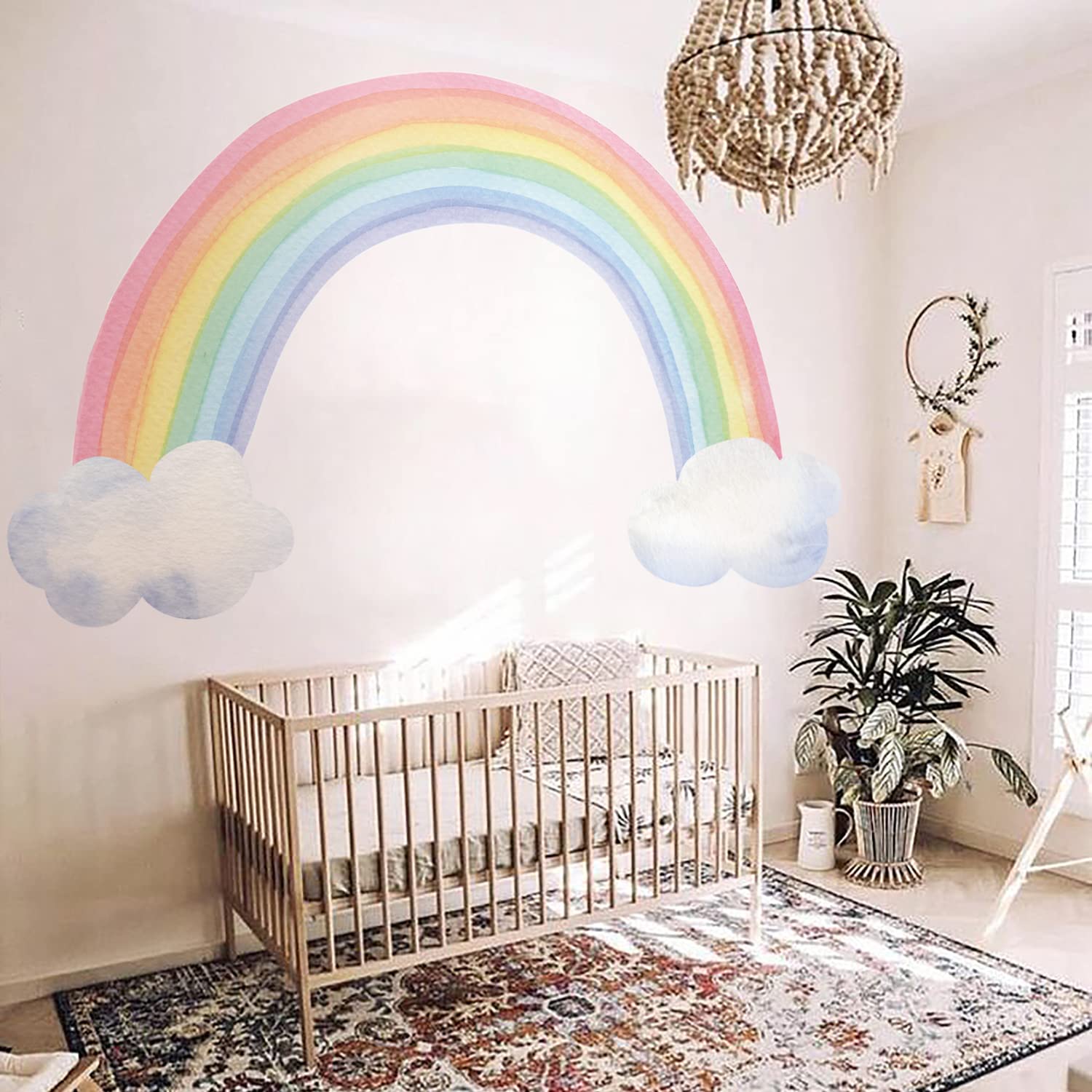 FunLife Large Rainbow Wall Decal - Peel and Stick Fabric Wall Mural with Clouds | Vibrant Watercolor Wall Stickers for Girls Bedroom, Nursery, Playroom Decor | Perfect for Kids Room Makeover and Birthday Party Background