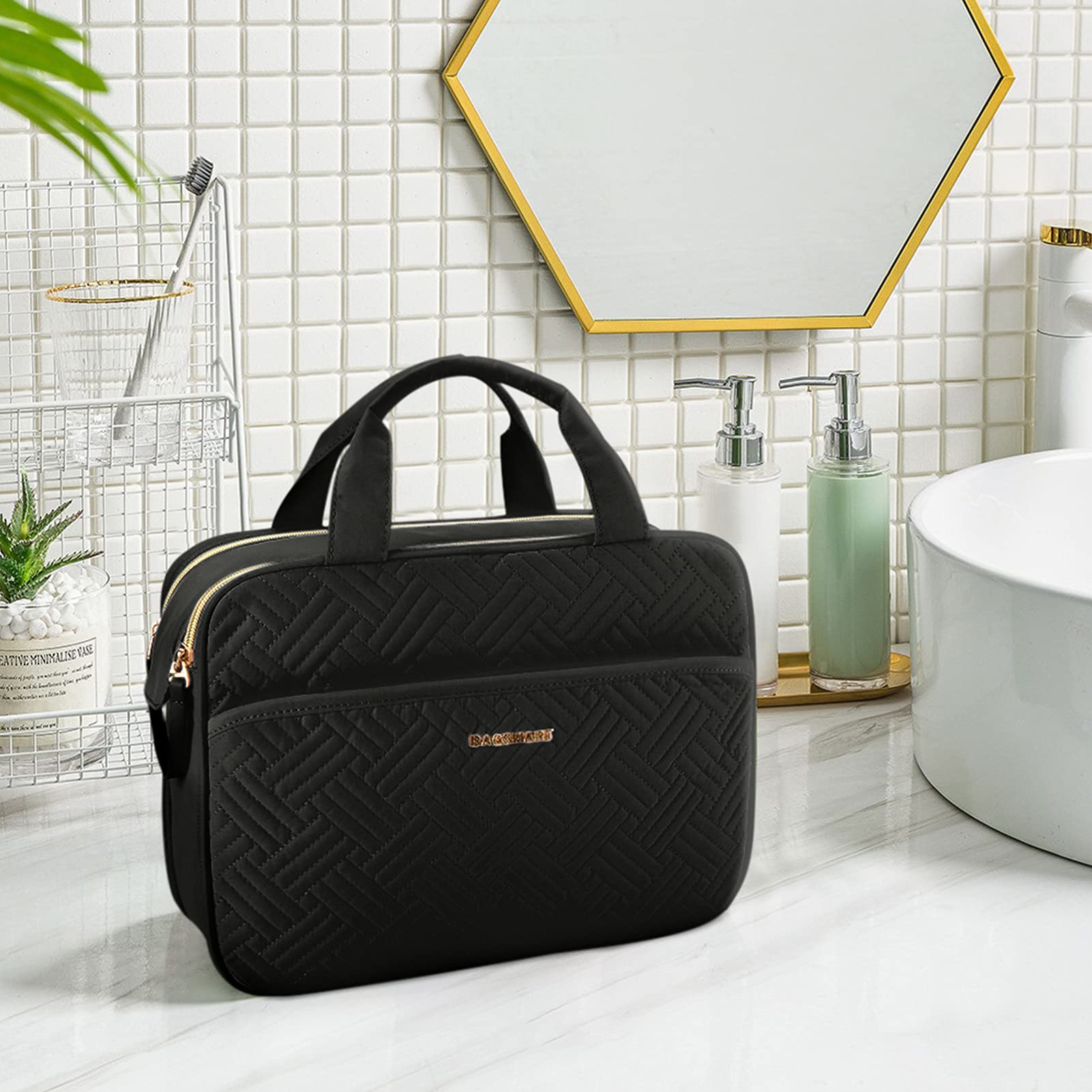 BAGSMART Large Water-resistant Toiletry Bag for Women - Travel Makeup Cosmetic Organizer with Multiple Pockets for Accessories, Shampoo, Toiletries (Medium, Black) | Perfect for Vacation, Gym, Business Trips & Daily Essentials Storage