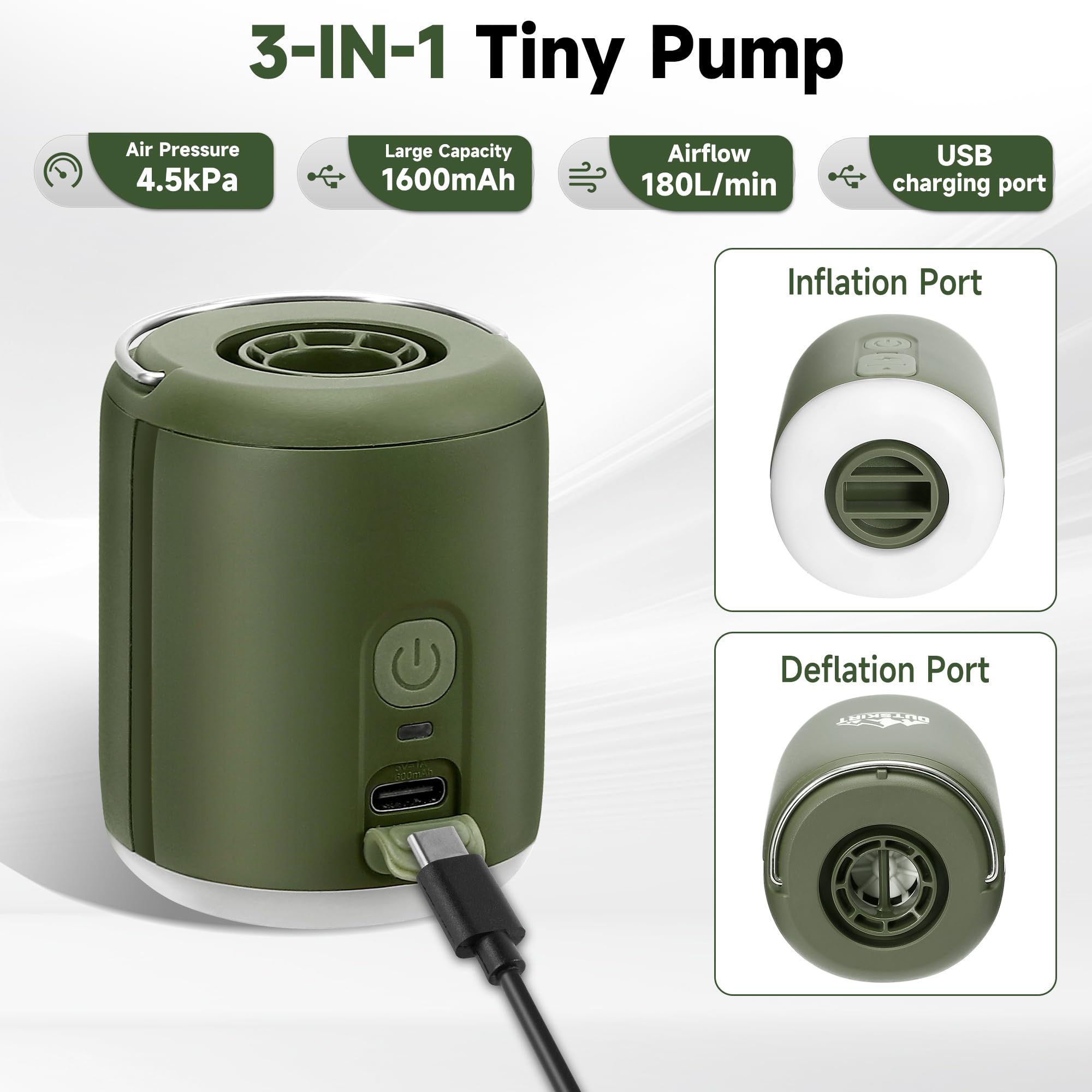 OUTSKIRT Ultra-Mini Air Pump - Portable Rechargeable Inflator with 4.5kPa Pressure, Built-in Camping Lantern & Magnetic Base - Perfect for Air Mattresses, Sleeping Pads, Pool Floats, Swimming Rings, Vacuum Storage Bags - Ideal for Camping, Travel, Beach Trips and Home Storage