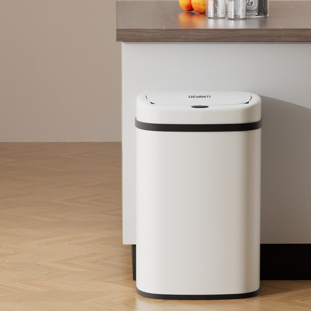Devanti 50L Automatic Motion Sensor Trash Can - Hands-Free Touchless Kitchen & Bathroom Waste Bin, White (Perfect for Home, Office, or Commercial Use)