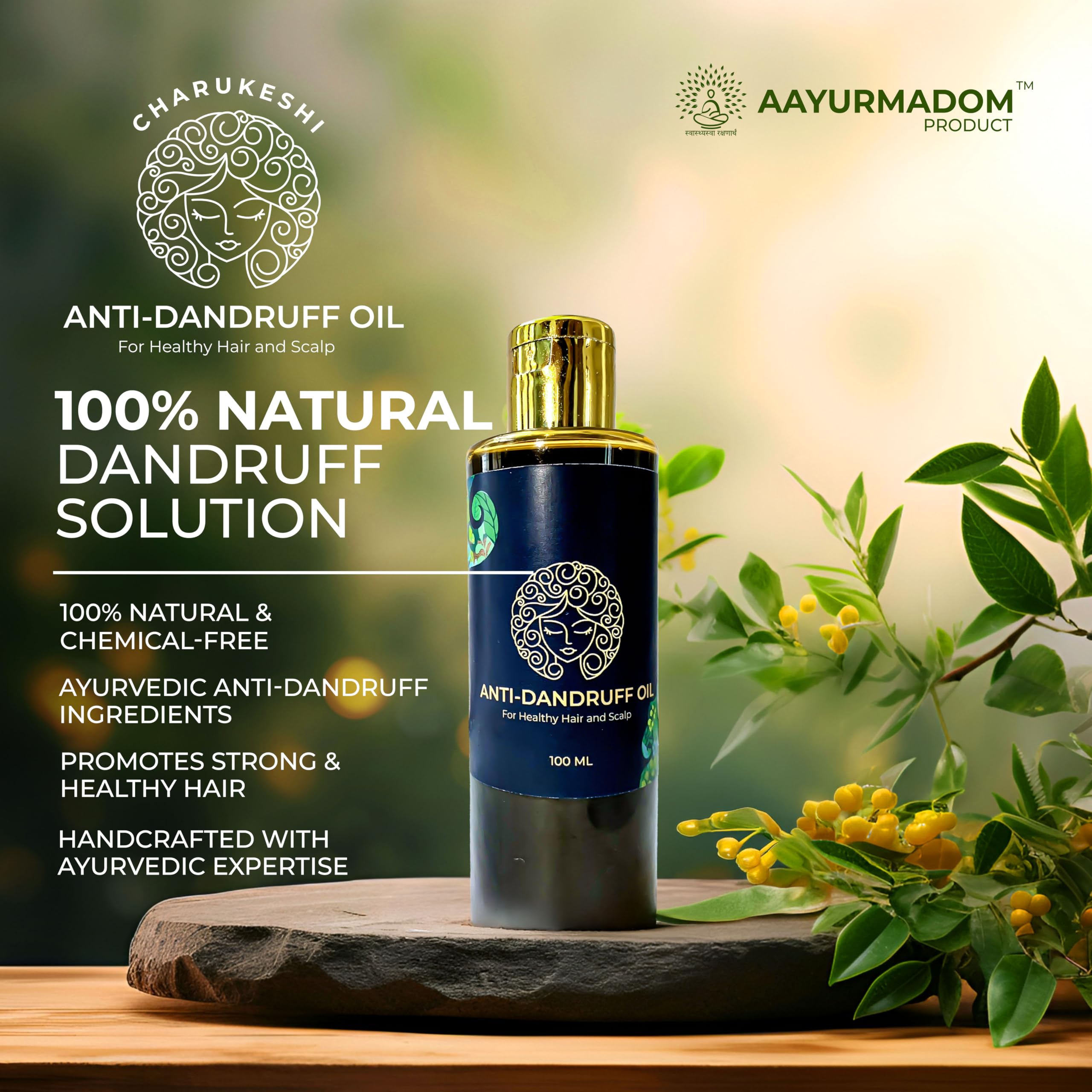Aayurmadom Charukeshi Anti-Dandruff Hair Oil with Tea Tree, Coconut, Sesame & Neem Oils | 100% Natural, Chemical & Paraben Free | Scalp Treatment for Women & Men | 100ml | Promotes Healthy Hair Growth & Soothes Itchy Scalp